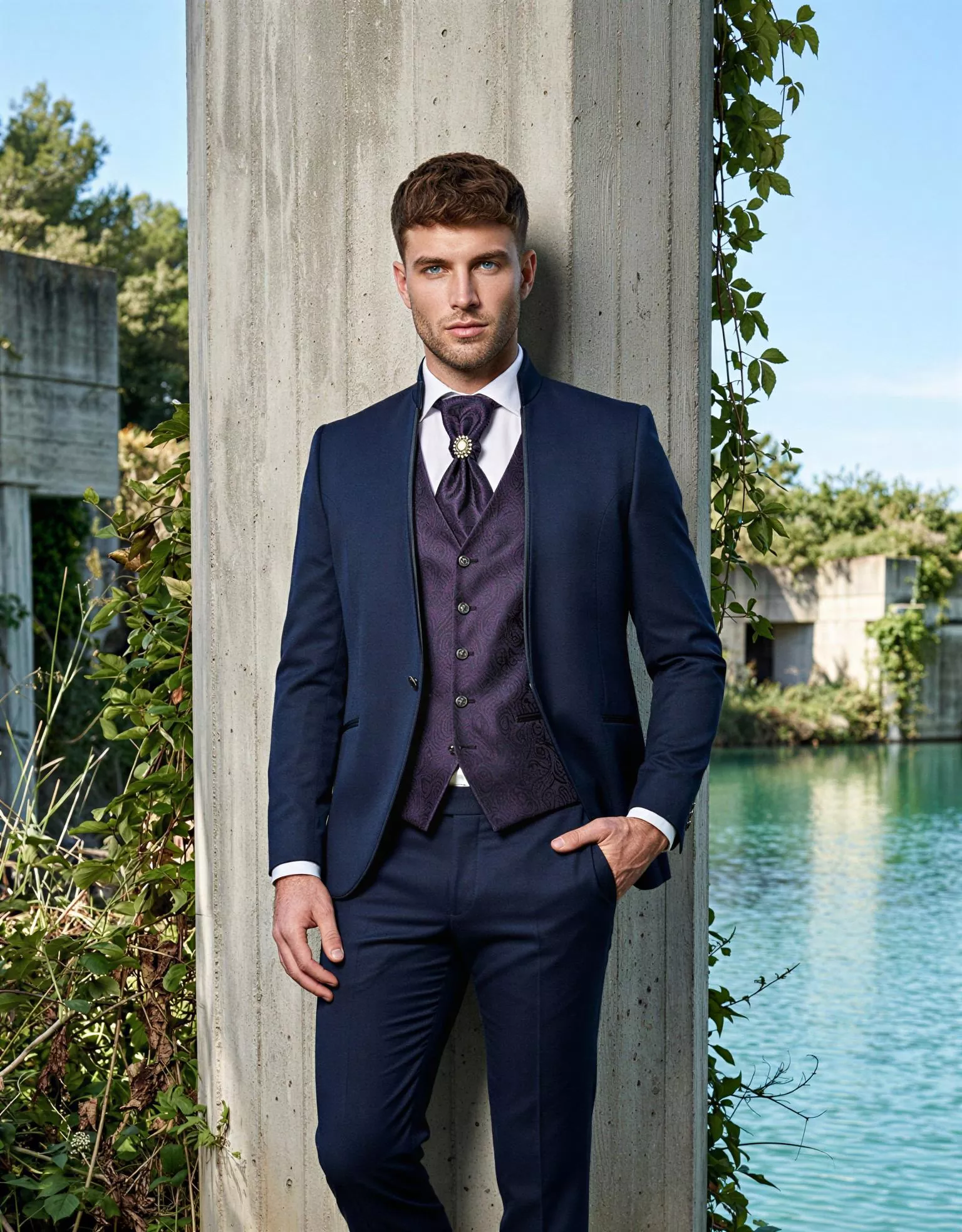 Traje de novio Rene, pose frontal, color azul marino, cuello mao de ceremonia, Atelier Masculini