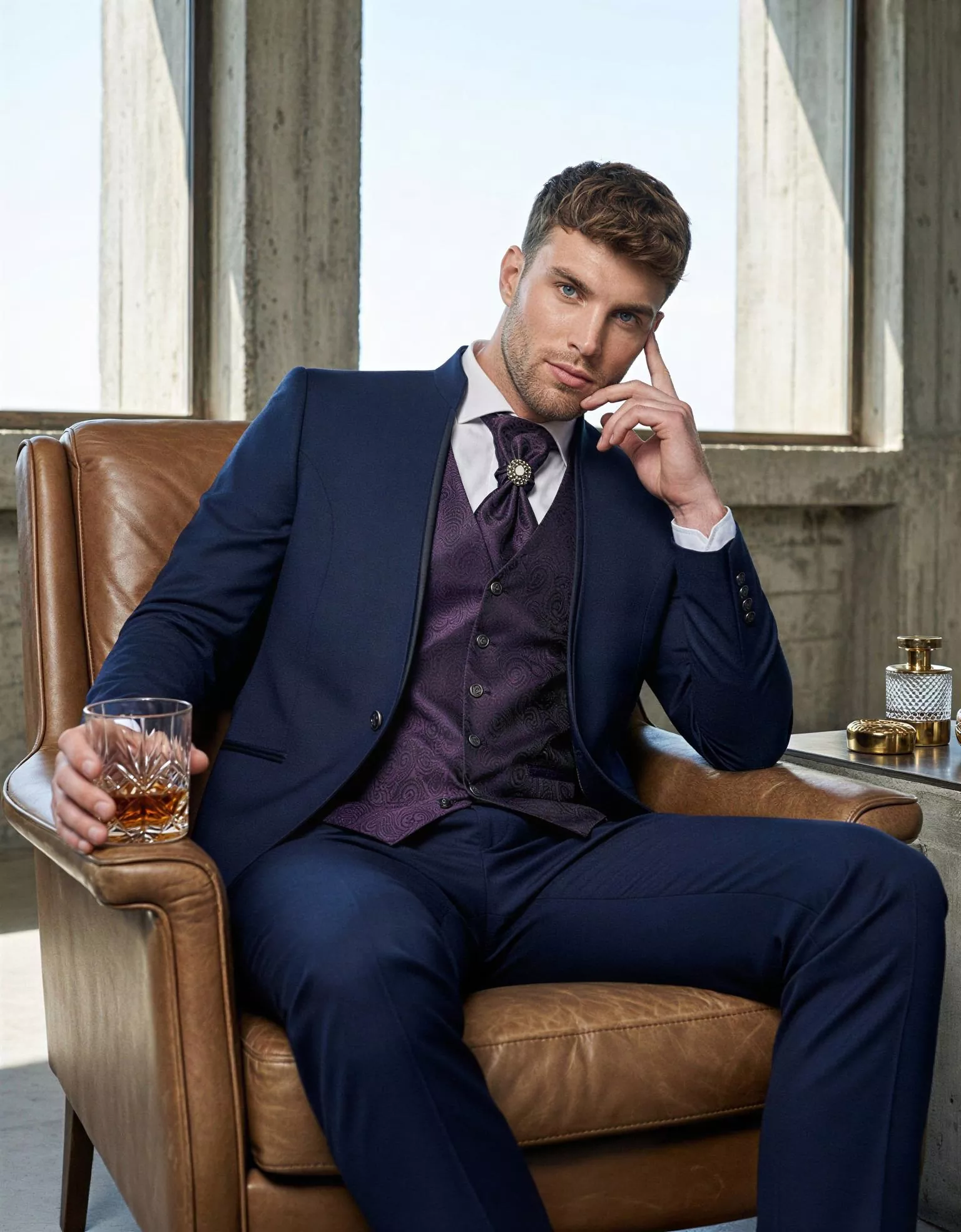 Traje de novio Rene, pose sentado, color azul marino, cuello mao de ceremonia, Atelier Masculini