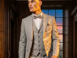 Traje de novio Rigby, pose lateral, color gris claro, clásico, Atelier Masculini