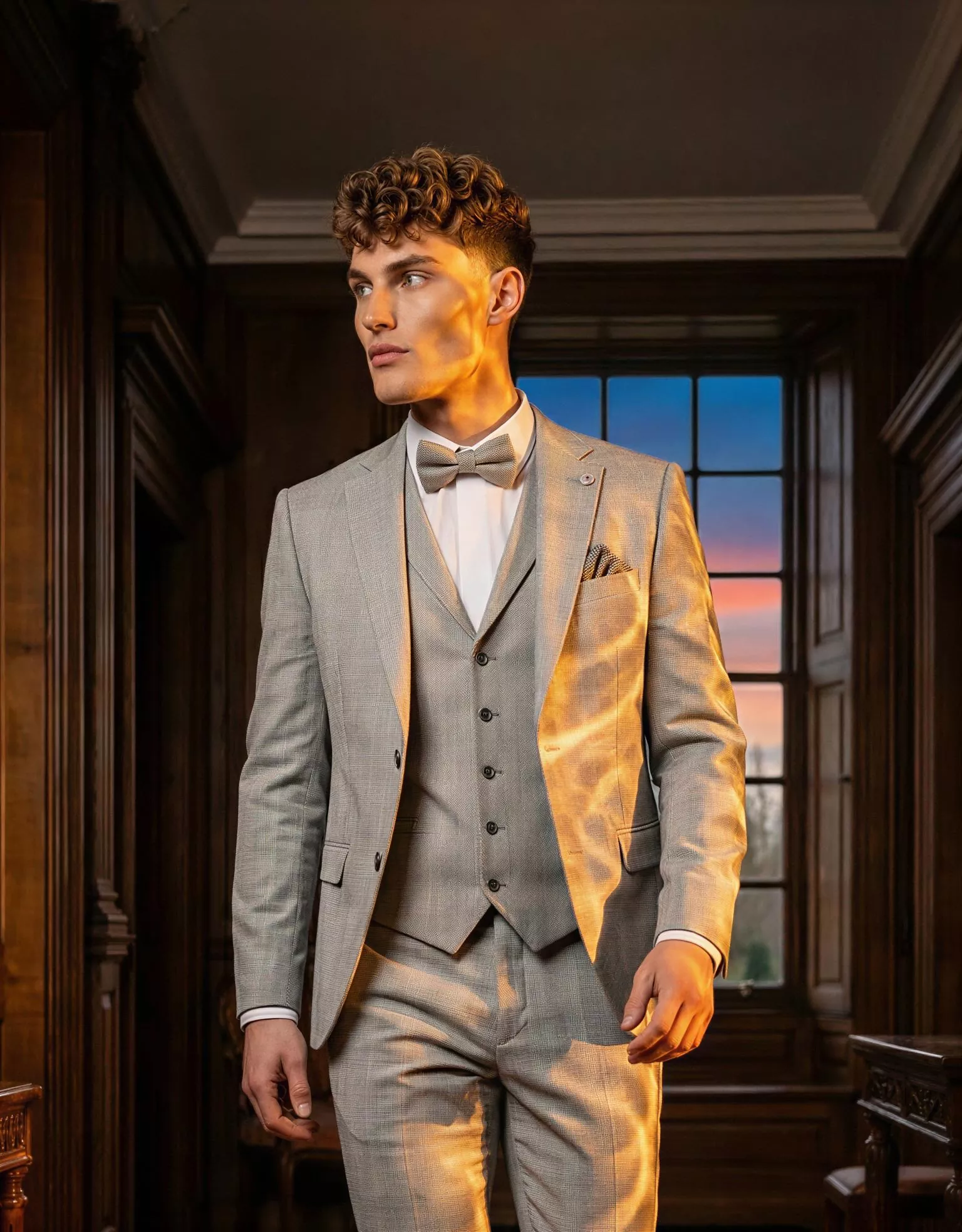 Traje de novio Rigby, pose lateral, color gris claro, clásico, Atelier Masculini