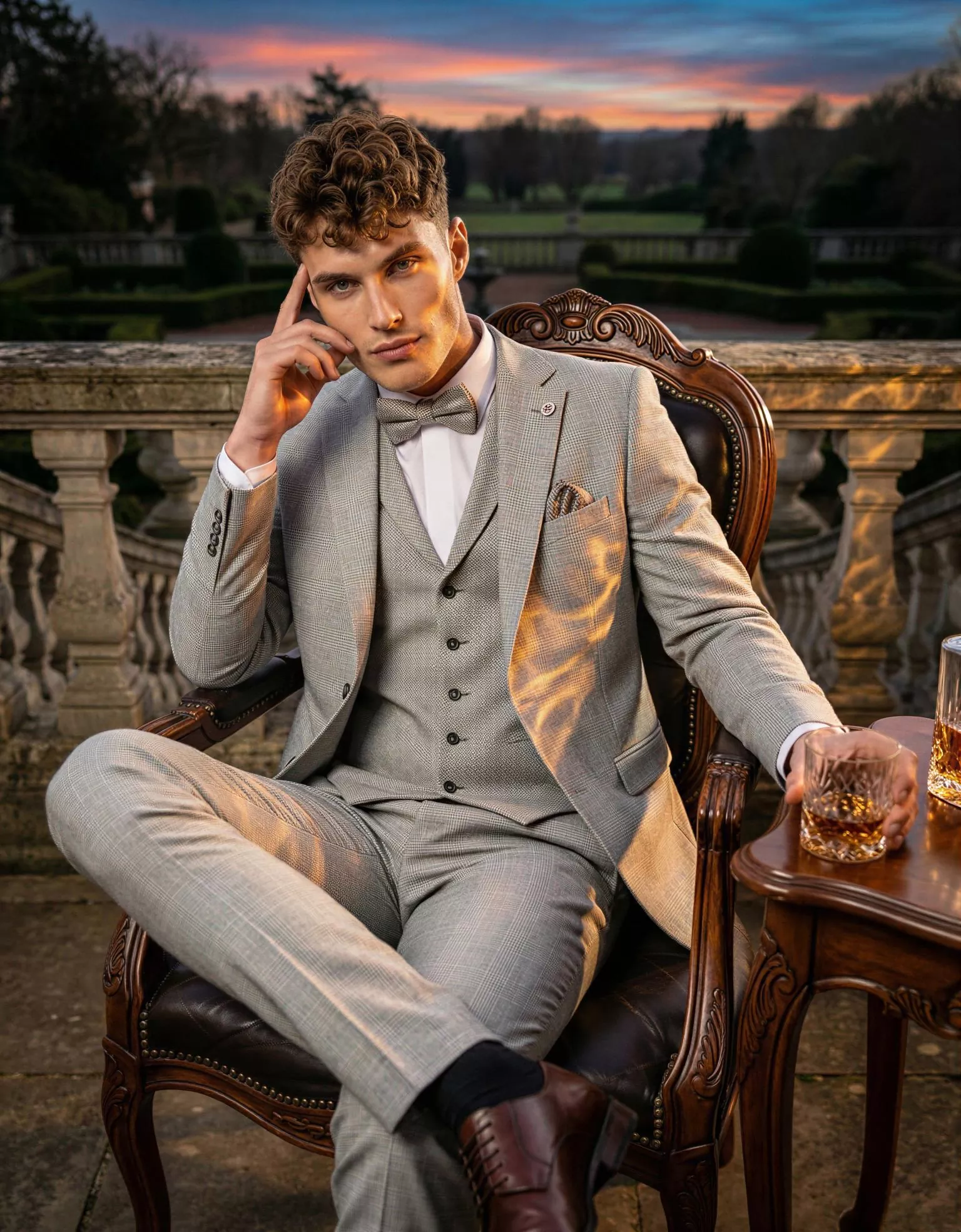 Traje de novio Rigby, pose sentado, color gris claro, clásico, Atelier Masculini