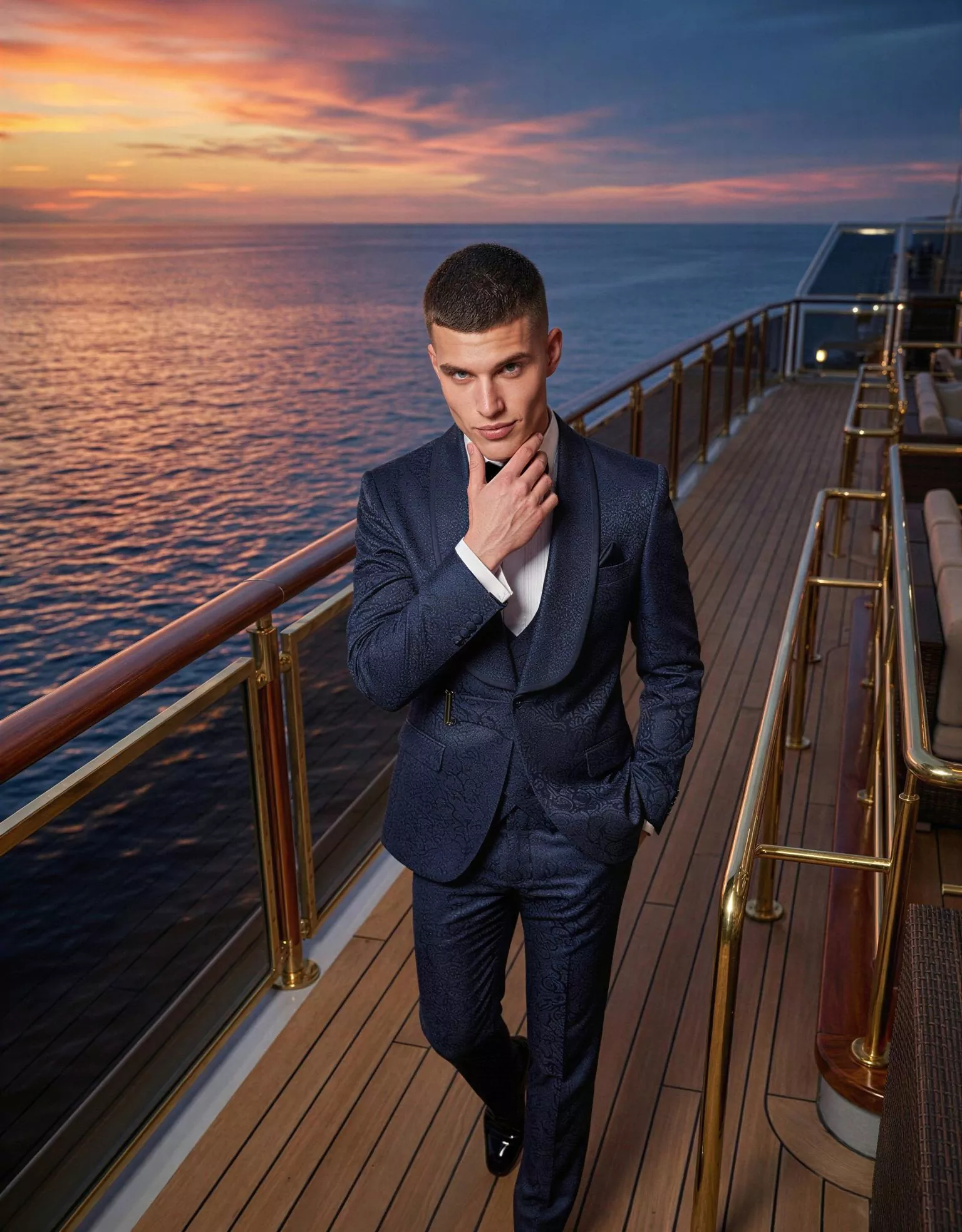 Traje de novio Sahure, pose cenital, color azul marino tela jacquard, Esmoquin de ceremonia, Atelier Masculini