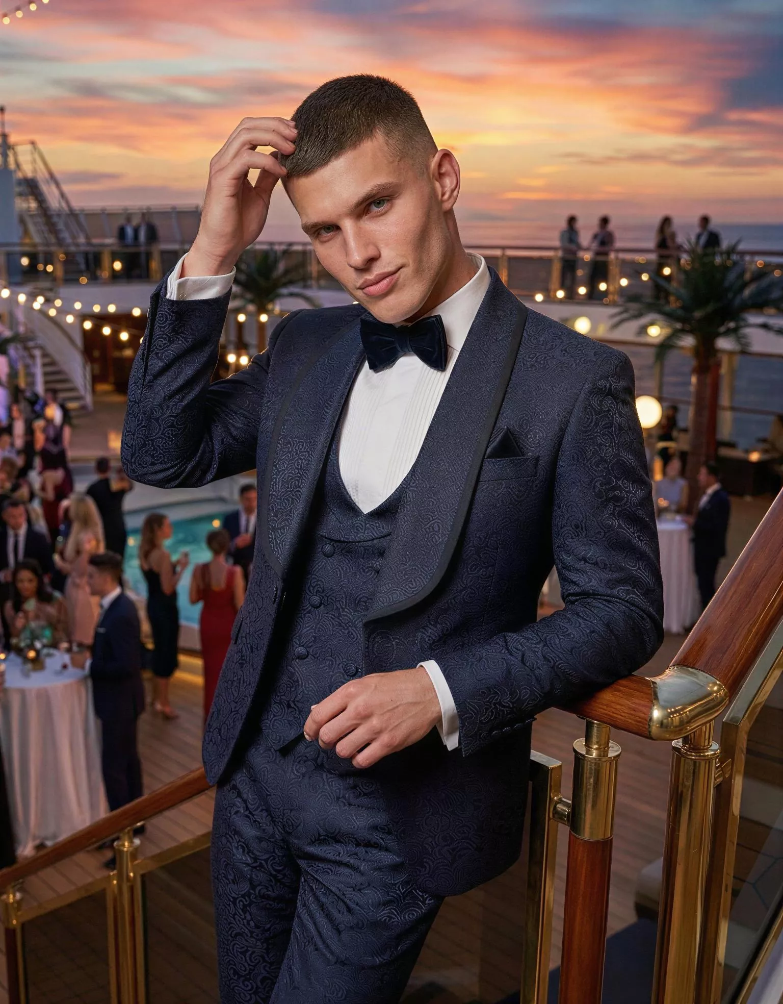 Traje de novio Sahure, pose detalle, color azul marino tela jacquard, Esmoquin de ceremonia, Atelier Masculini