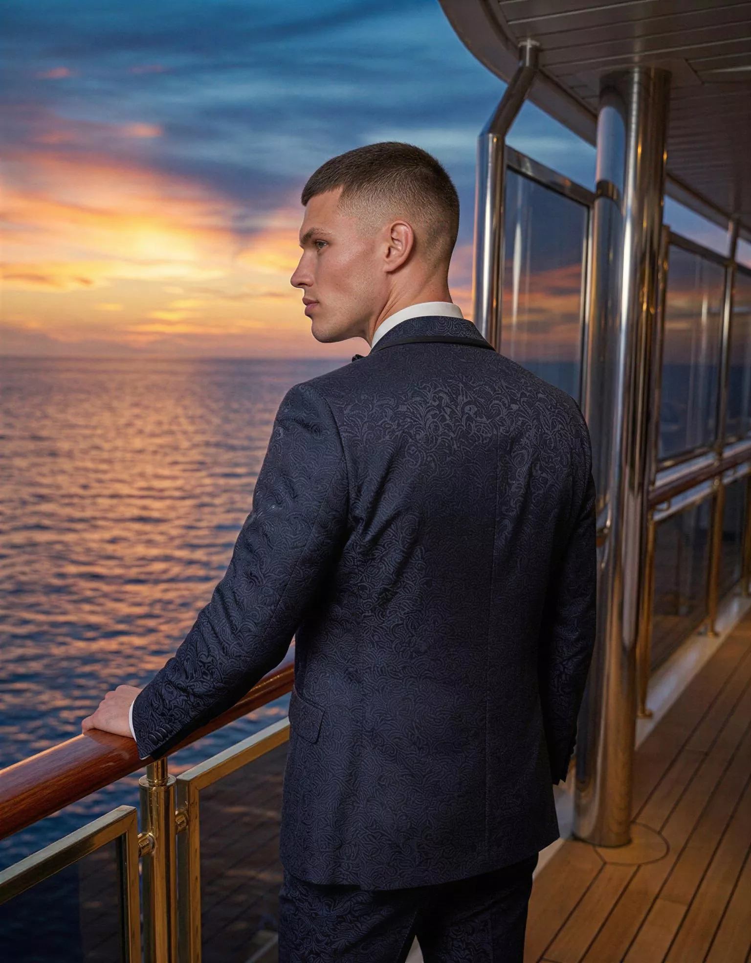 Traje de novio Sahure, pose espaldas, color azul marino tela jacquard, Esmoquin de ceremonia, Atelier Masculini