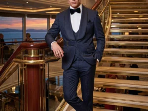 Traje de novio Sahure, pose frontal, color azul marino tela jacquard, Esmoquin de ceremonia, Atelier Masculini