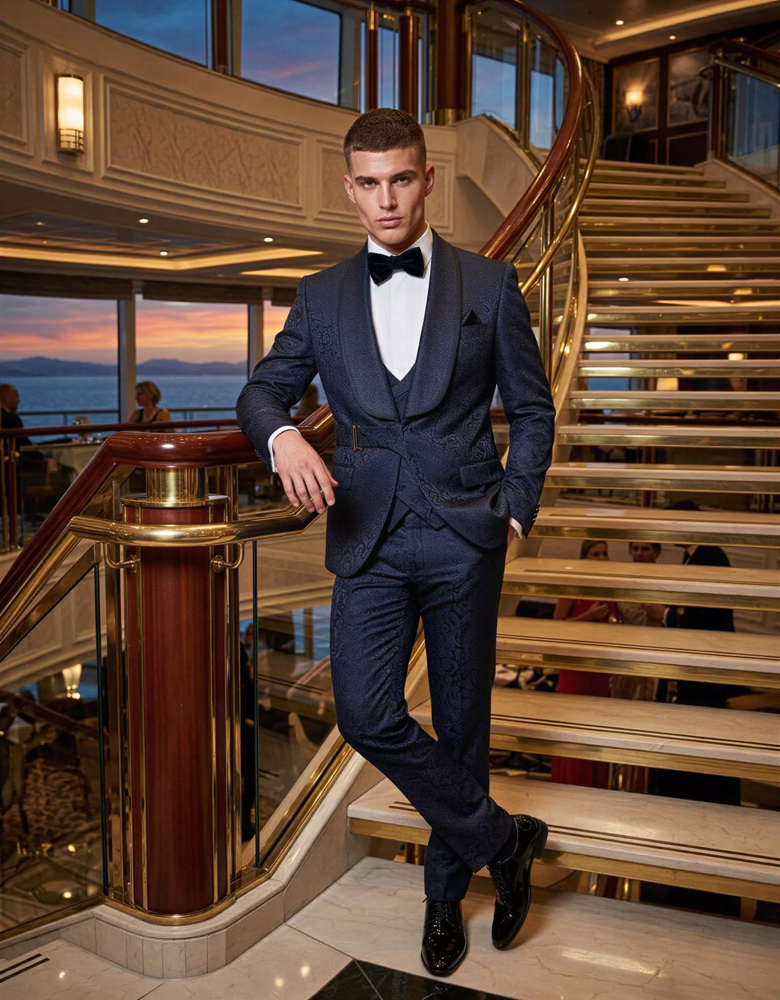 Traje de novio Sahure, pose frontal, color azul marino tela jacquard, Esmoquin de ceremonia, Atelier Masculini