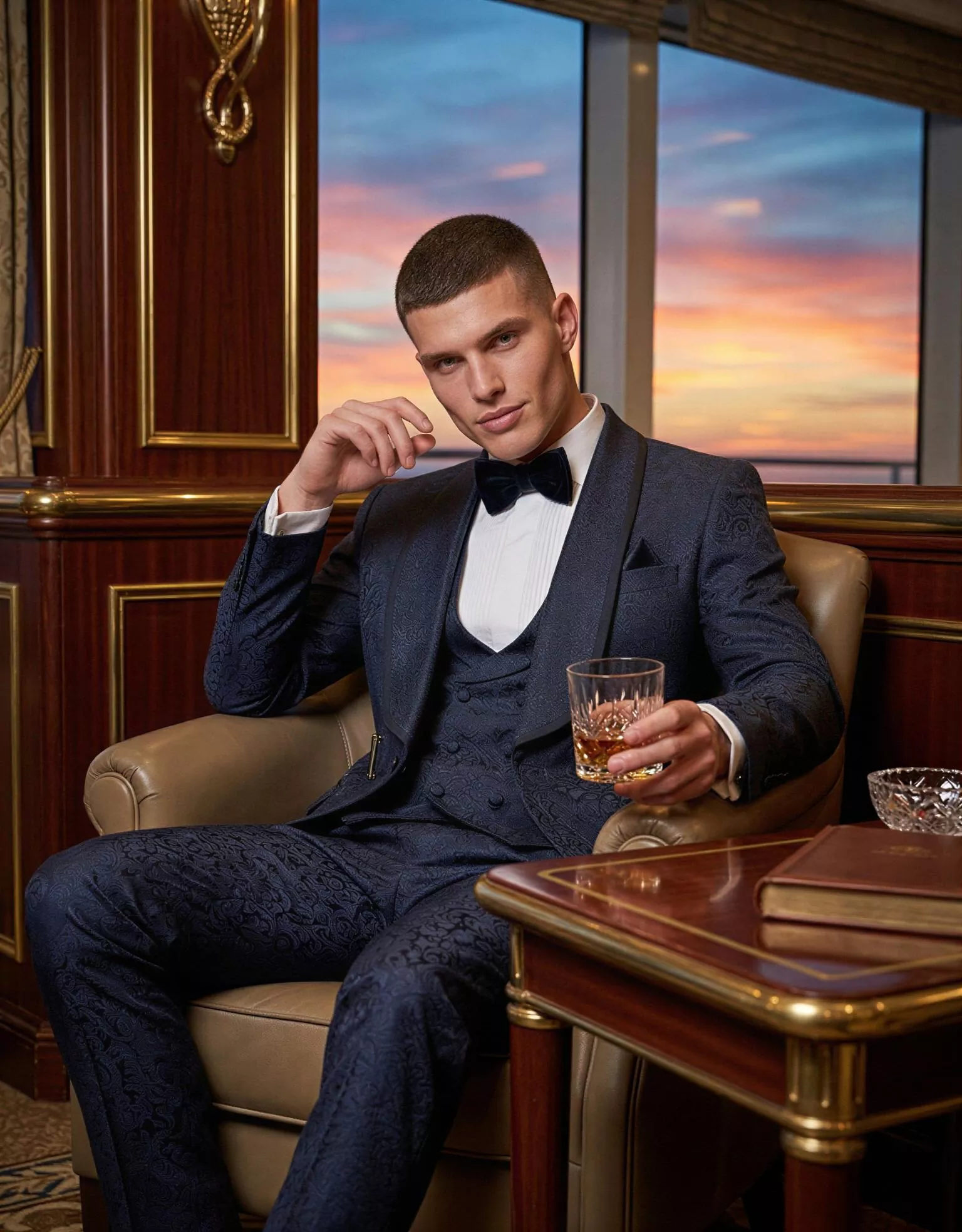 Traje de novio Sahure, pose sentado, color azul marino tela jacquard, Esmoquin de ceremonia, Atelier Masculini