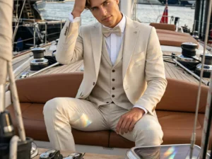 Traje de novio Sísifo, pose barco, color beige ,traje clásico, Atelier Masculini