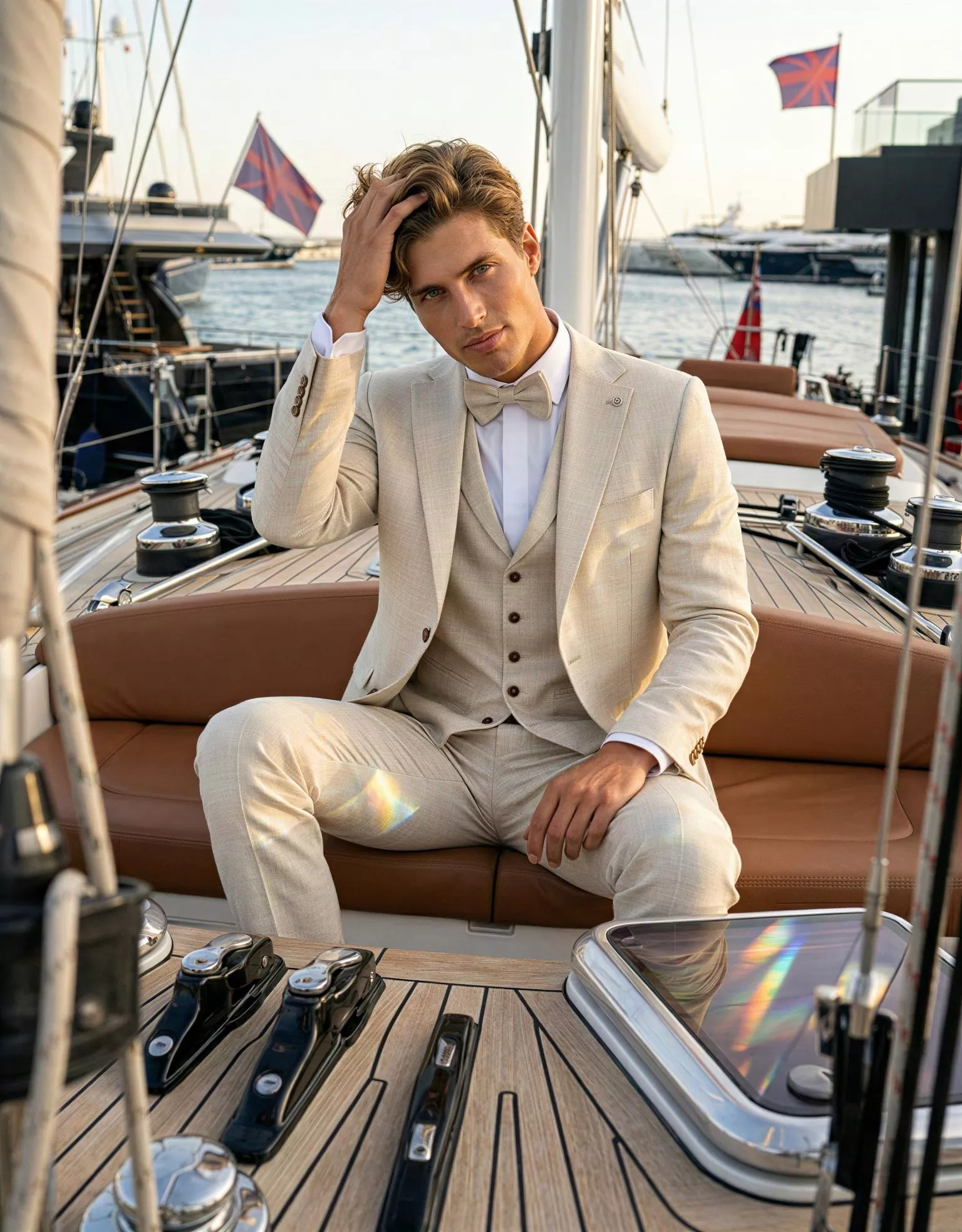 Traje de novio Sísifo, pose barco, color beige ,traje clásico, Atelier Masculini