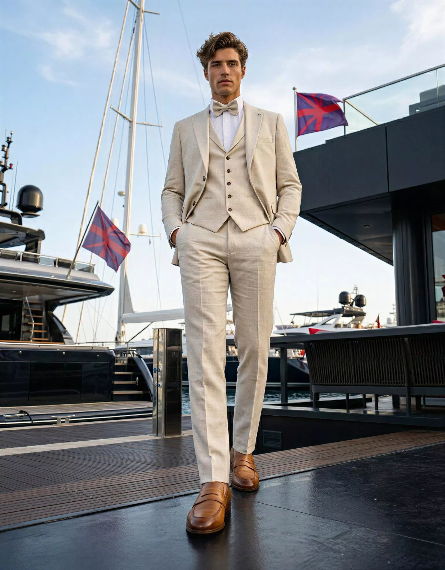 Traje de novio Sísifo, pose contrapicada café, color beige ,traje clásico, Atelier Masculini