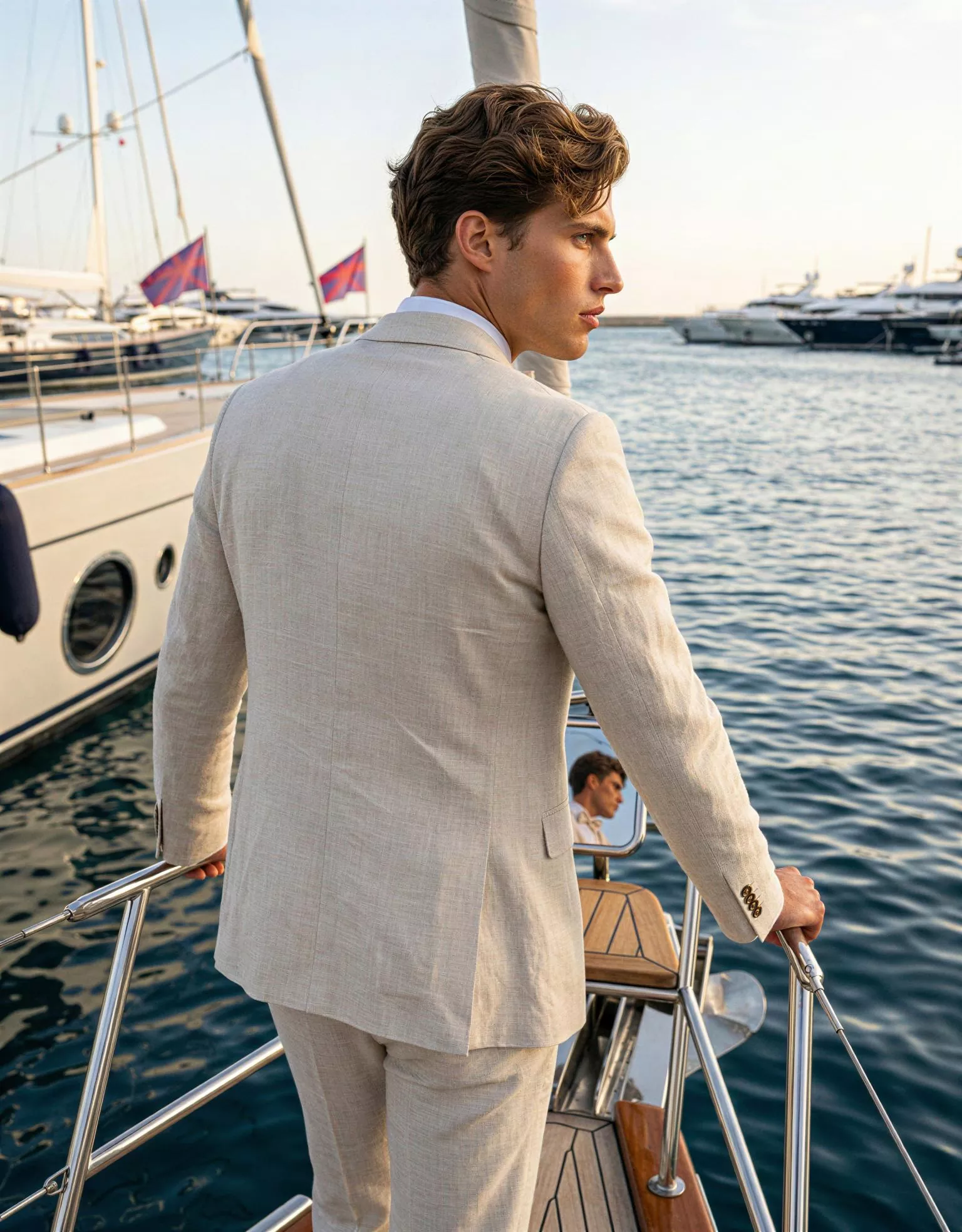 Traje de novio Sísifo, pose espalda café, color beige ,traje clásico, Atelier Masculini