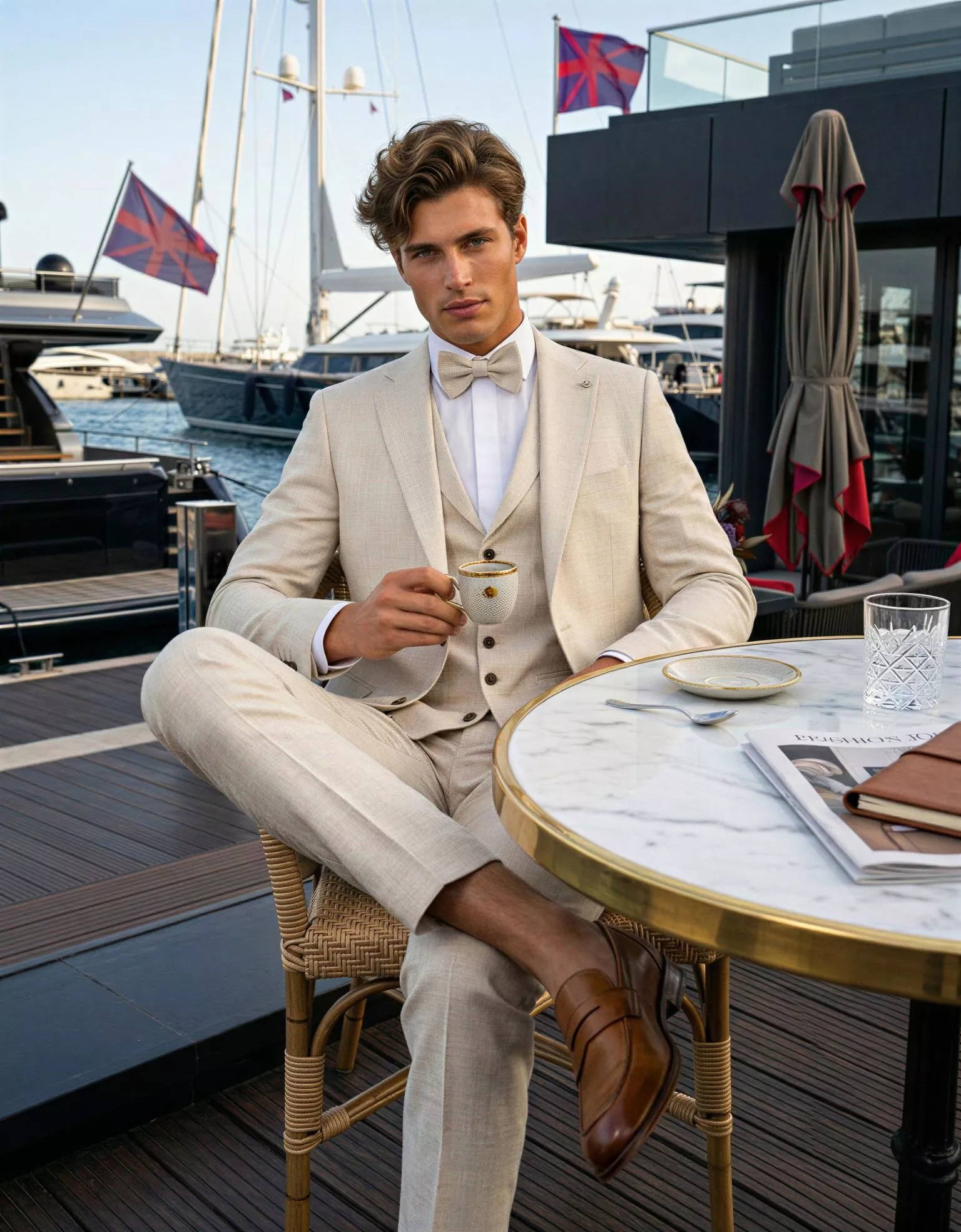 Traje de novio Sísifo, pose frontal café, color beige ,traje clásico, Atelier Masculini