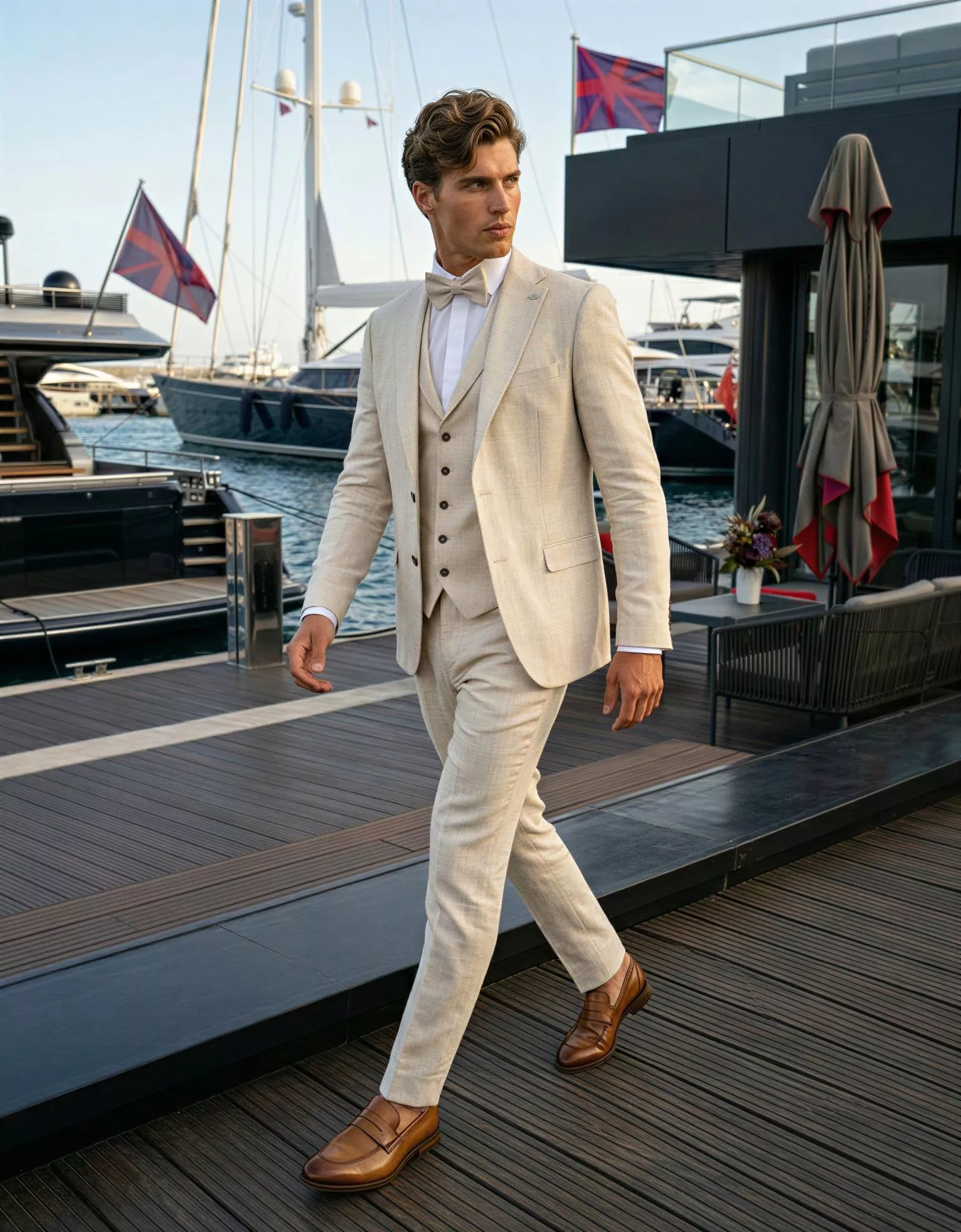 Traje de novio Sísifo, pose frontal, color beige ,traje clásico, Atelier Masculini