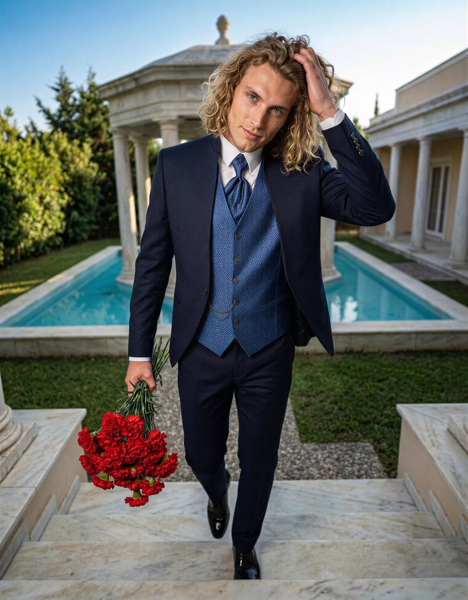 Traje de novio Sobek, pose cenital, color azul marino midnight , cuello mao de ceremonia, Atelier Masculini