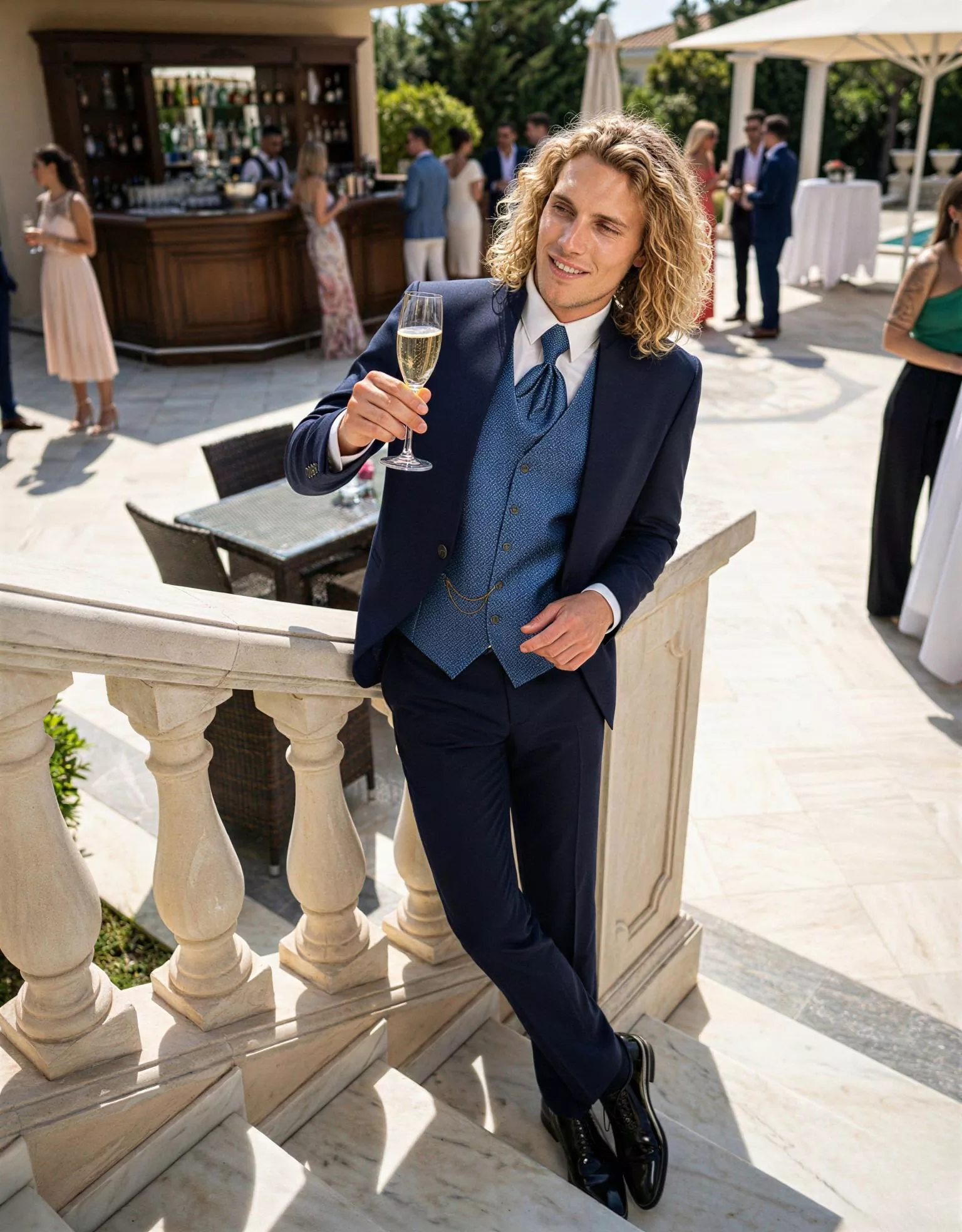 Traje de novio Sobek, pose escalera, color azul marino midnight , cuello mao de ceremonia, Atelier Masculini