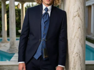 Traje de novio Sobek, pose frontal, color azul marino midnight , cuello mao de ceremonia, Atelier Masculini