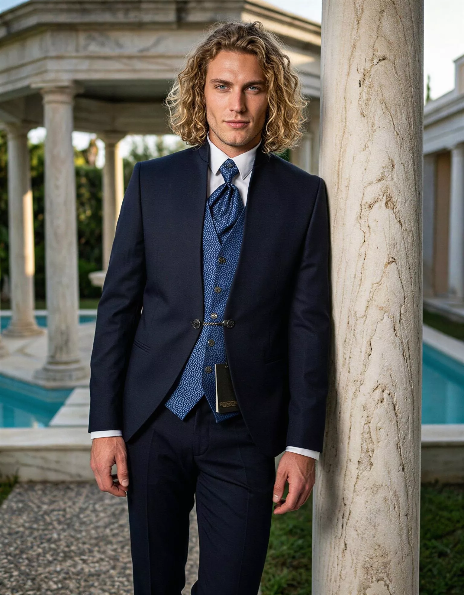 Traje de novio Sobek, pose frontal, color azul marino midnight , cuello mao de ceremonia, Atelier Masculini