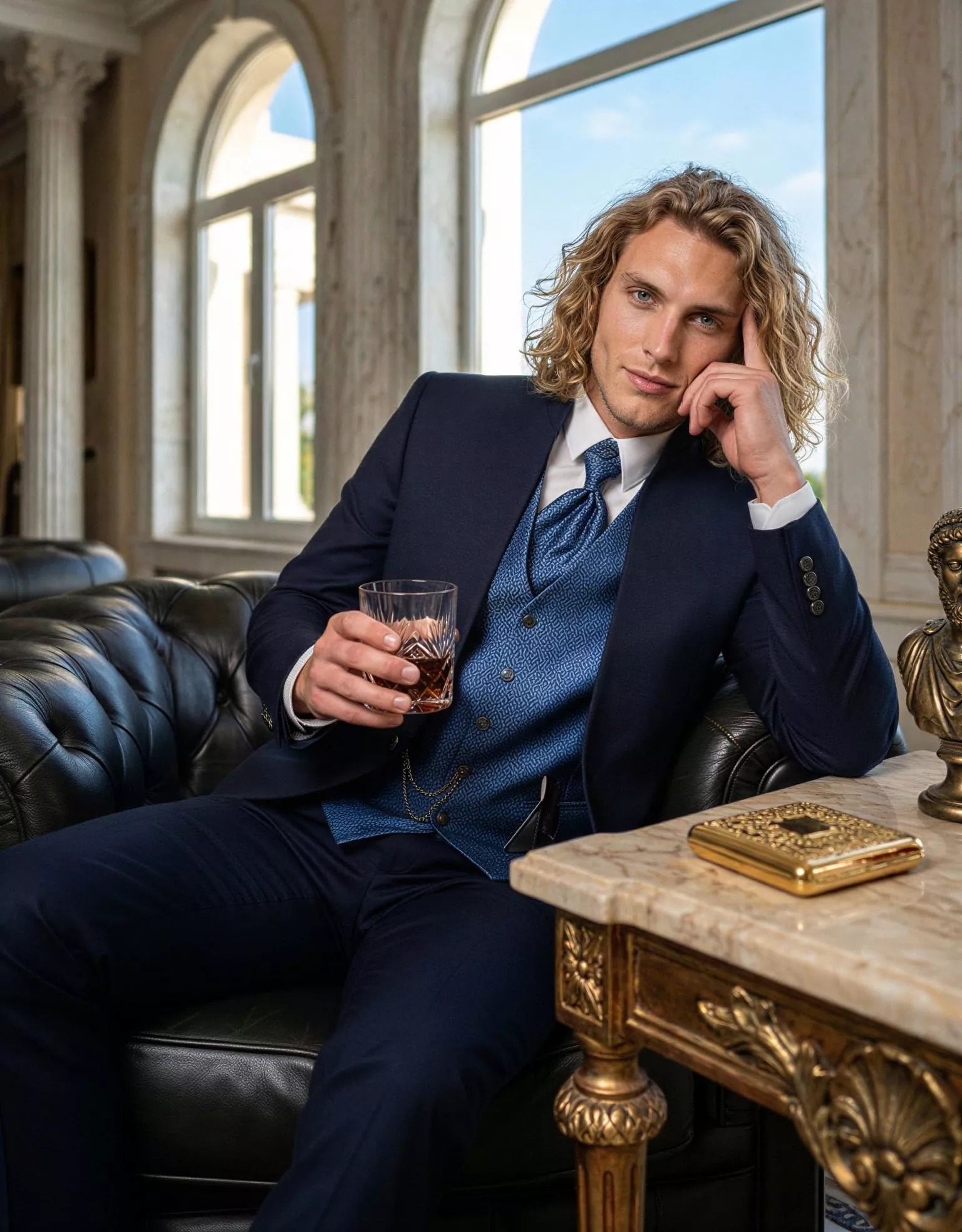 Traje de novio Sobek, pose sentado, color azul marino midnight , cuello mao de ceremonia, Atelier Masculini