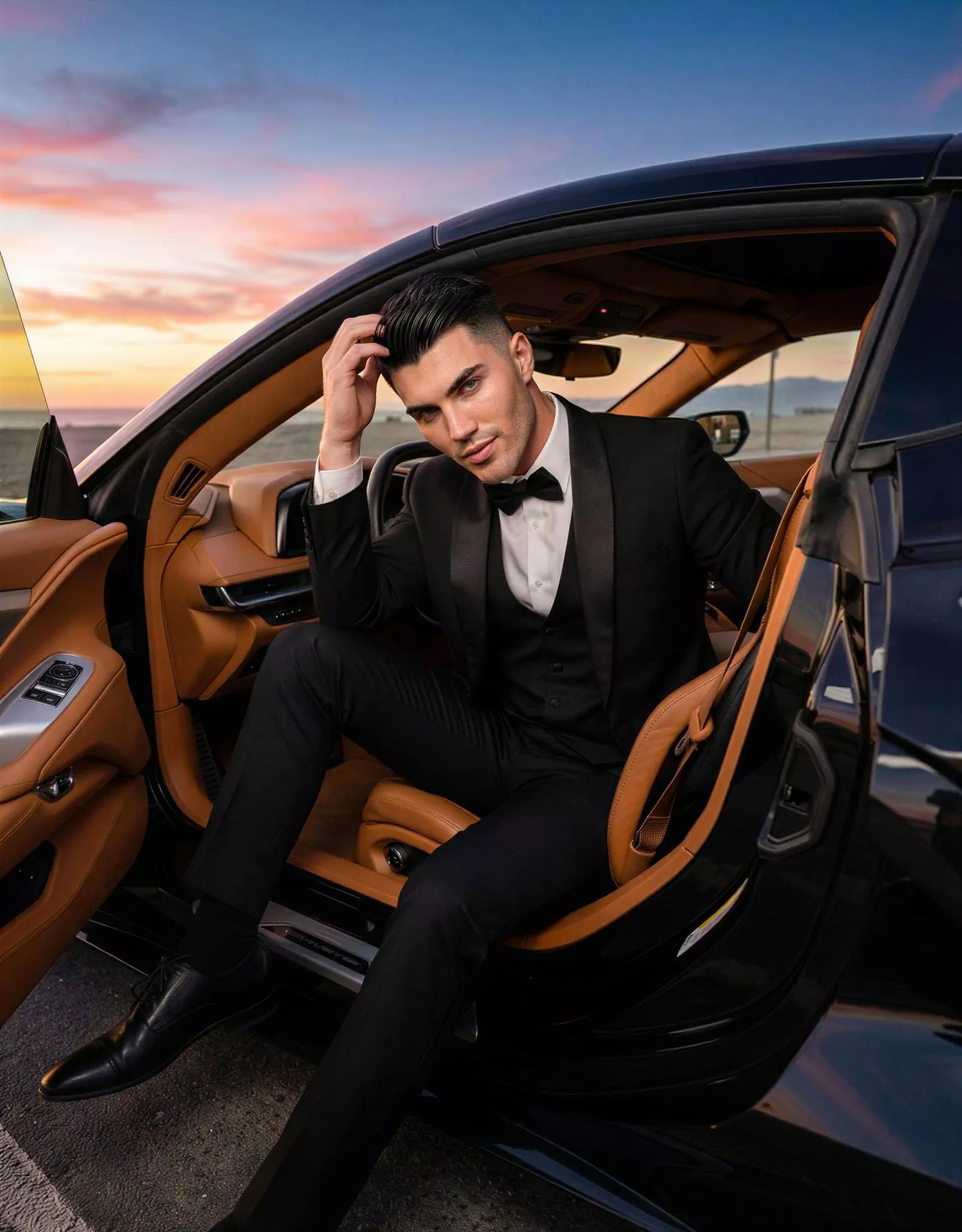 Traje de novio Tiberius, pose coche, color negro azabache, esmoquin ceremonia, Atelier Masculini