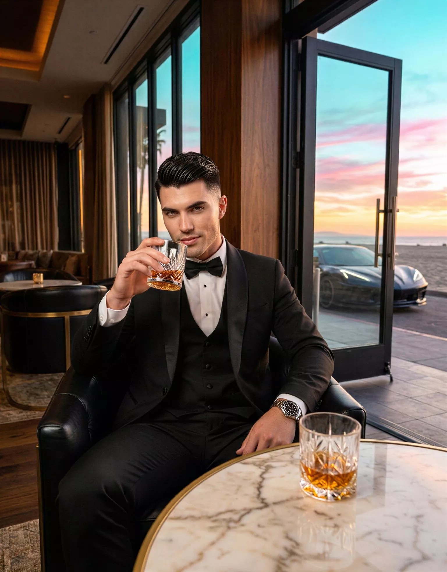 Traje de novio Tiberius, pose cóctel, color negro azabache, esmoquin ceremonia, Atelier Masculini