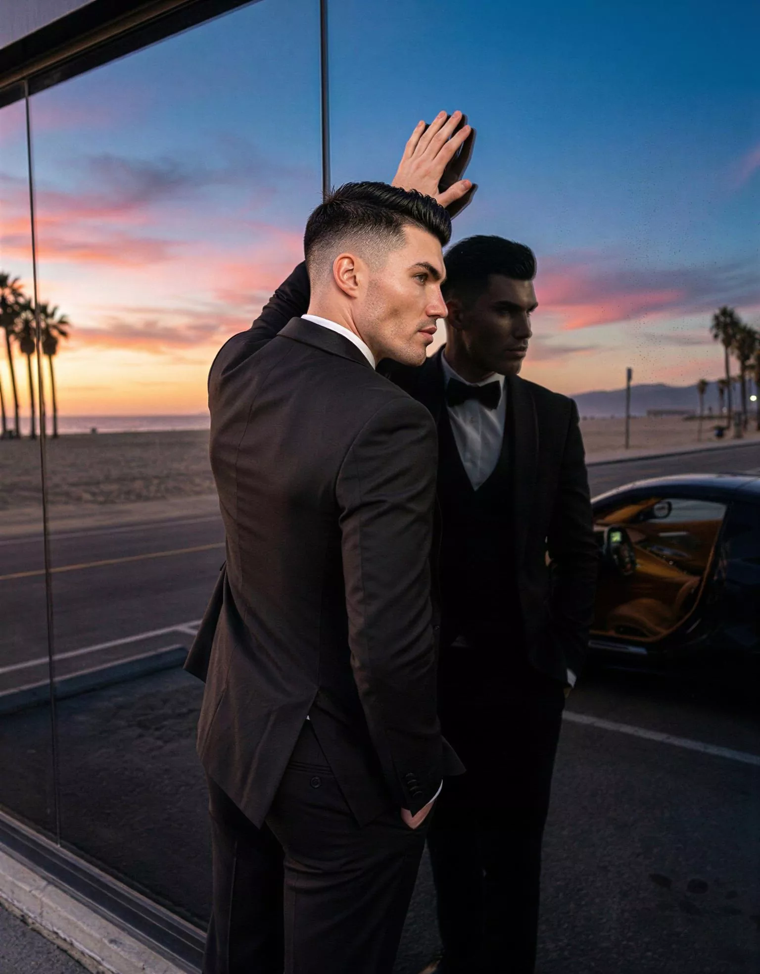 Traje de novio Tiberius, pose espaldas, color negro azabache, esmoquin ceremonia, Atelier Masculini