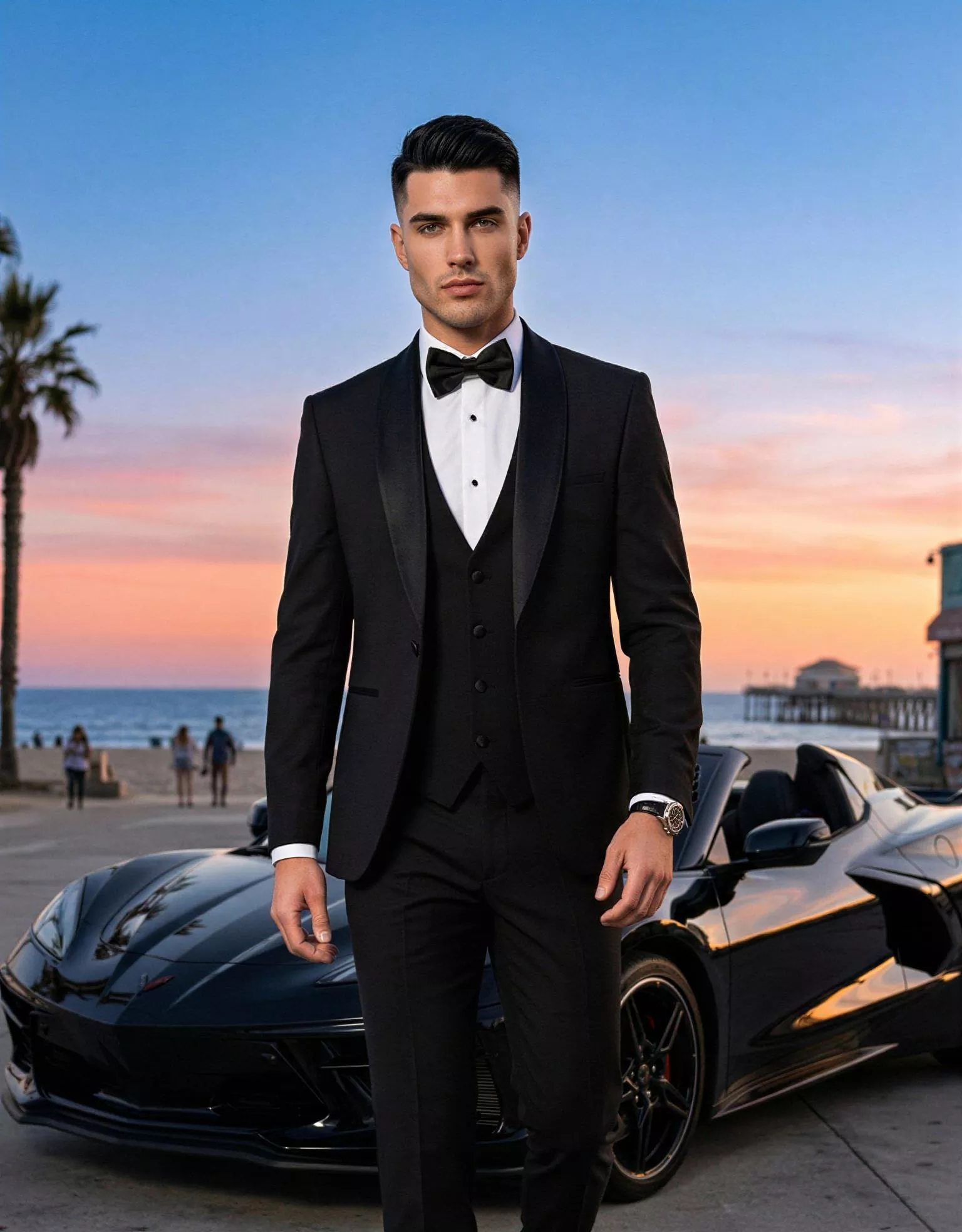 Traje de novio Tiberius, pose frontal detalle, color negro azabache, esmoquin ceremonia, Atelier Masculini