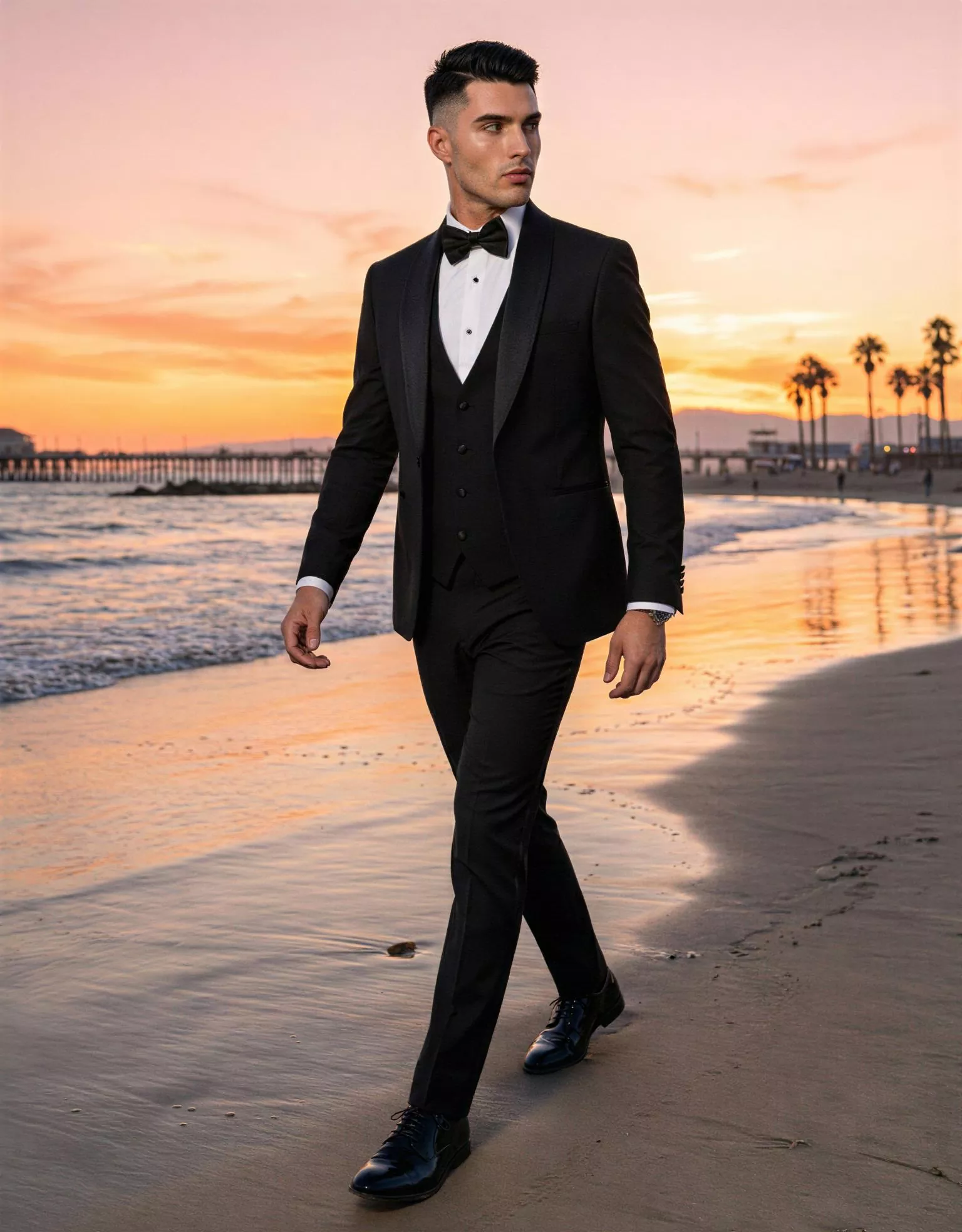 Traje de novio Tiberius, pose lateral, color negro azabache, esmoquin ceremonia, Atelier Masculini