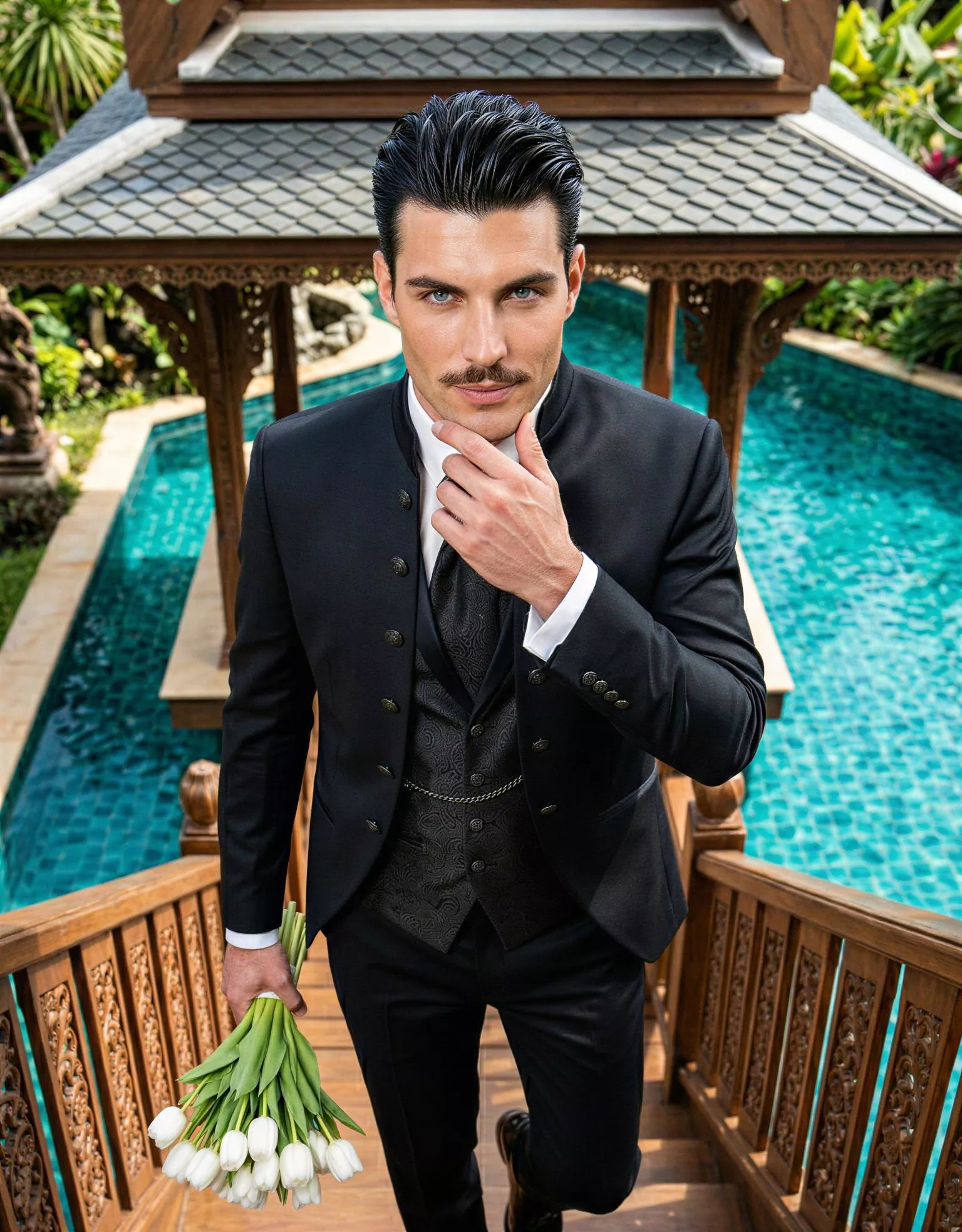 Traje de novio Tutmosi, pose cenital, color negro , cuello mao de ceremonia con doble botonera, Atelier Masculini