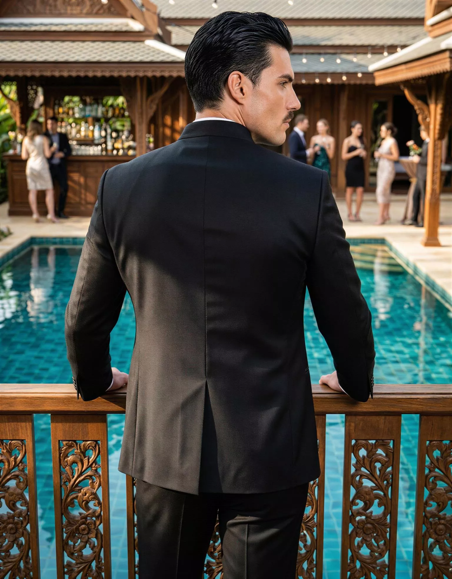 Traje de novio Tutmosi, pose espaldas, color negro , cuello mao de ceremonia con doble botonera, Atelier Masculini