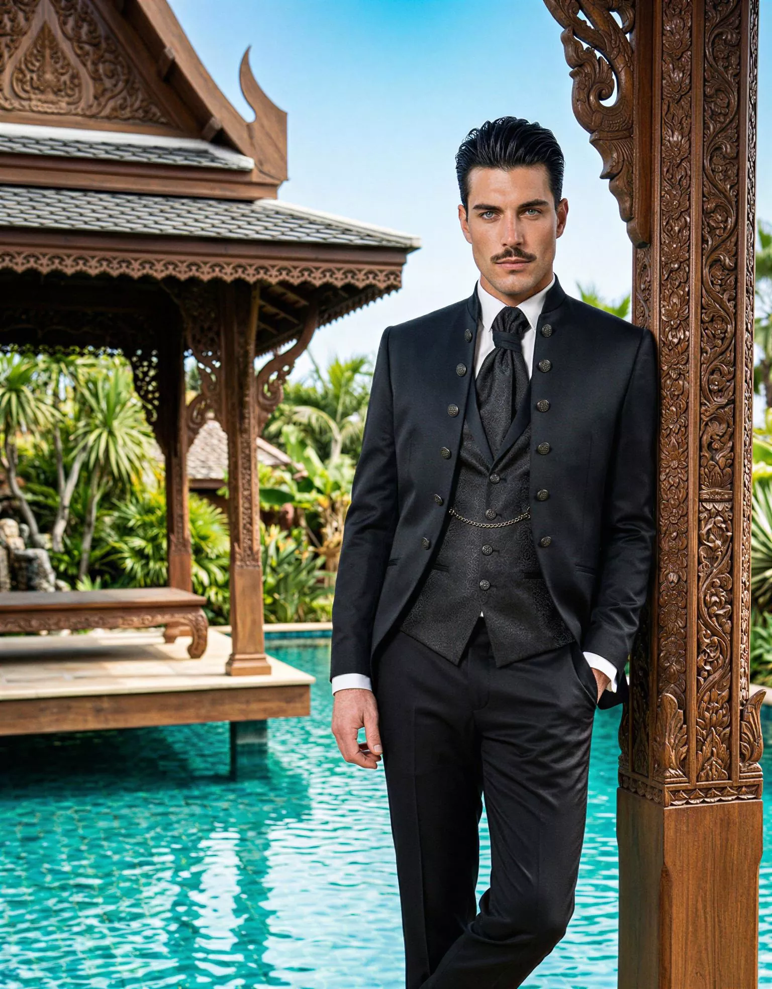 Traje de novio Tutmosi, pose frontal, color negro , cuello mao de ceremonia con doble botonera, Atelier Masculini