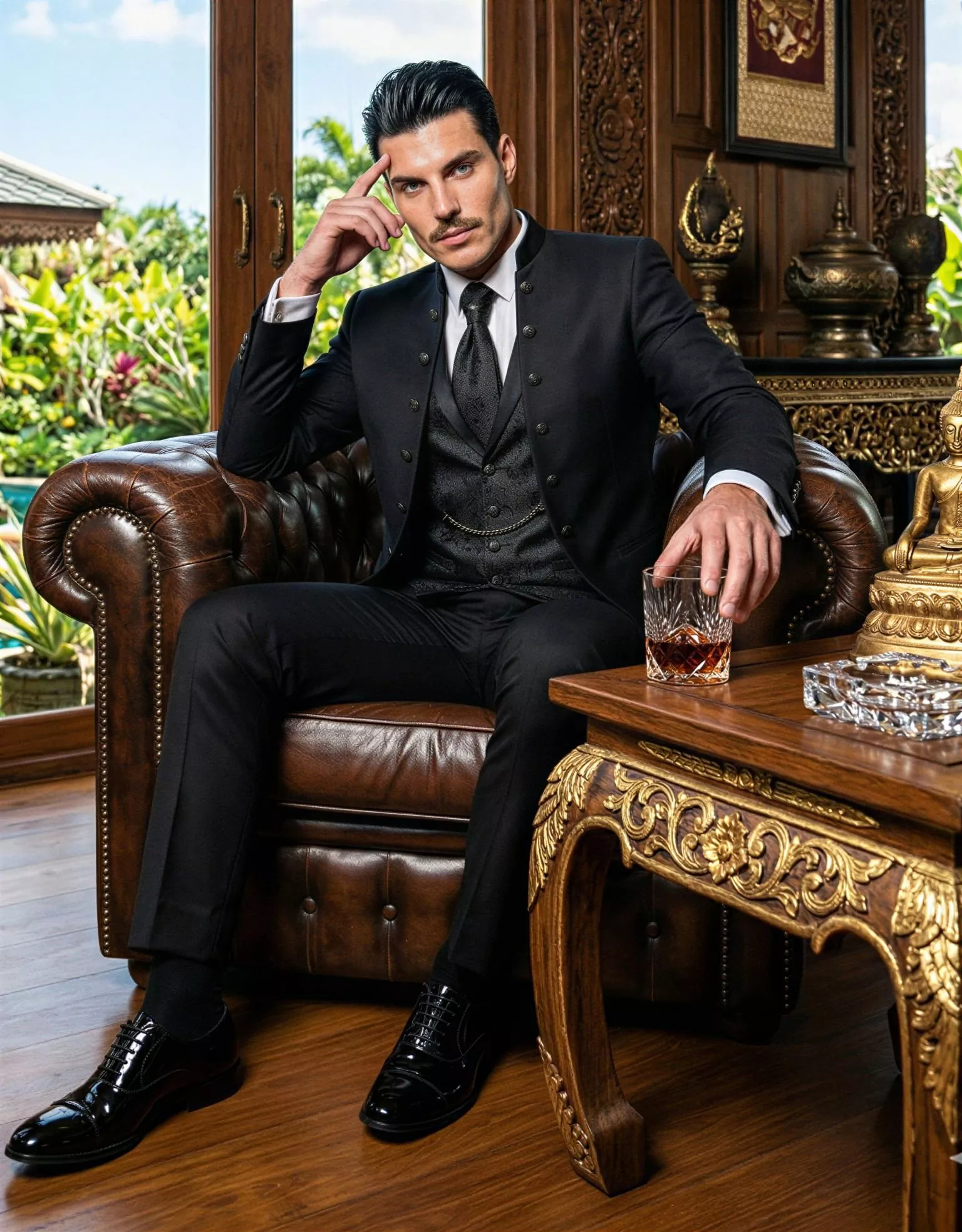 Traje de novio Tutmosi, pose sentado, color negro , cuello mao de ceremonia con doble botonera, Atelier Masculini