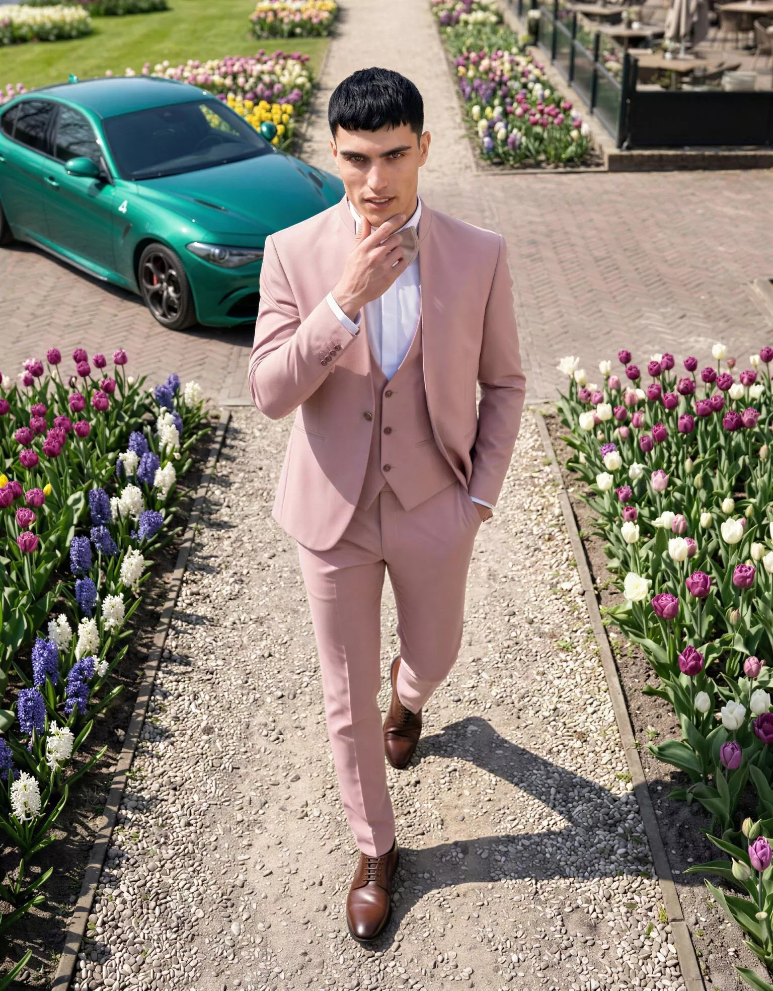 Traje de novio Yavuz, pose cenital, color verde rosa pastel, cuello mao, Atelier Masculini