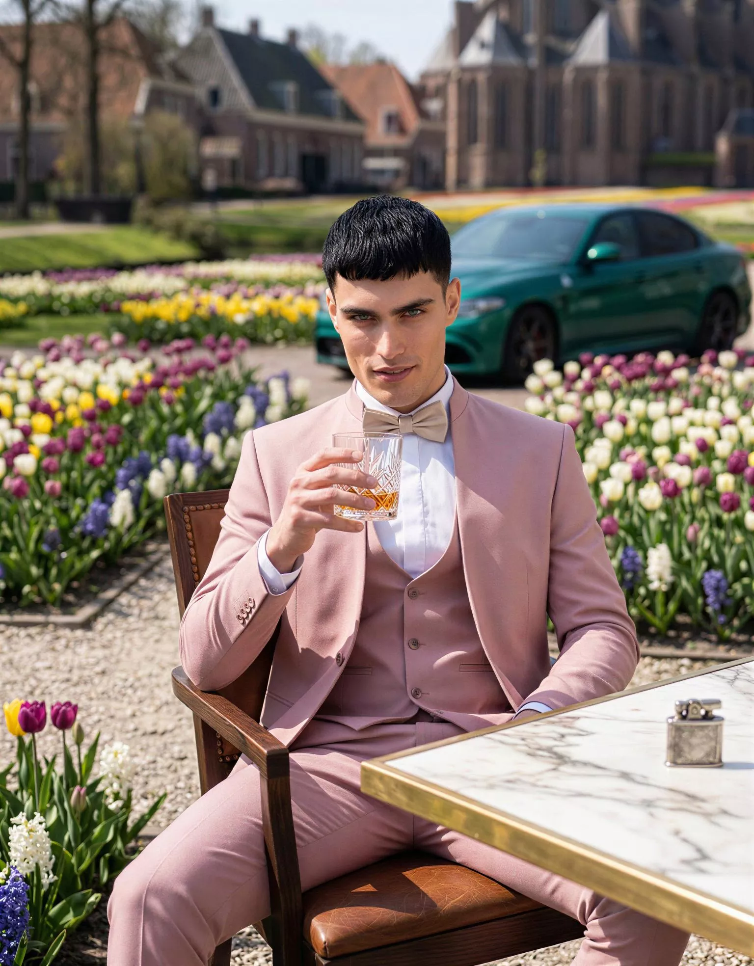 Traje de novio Yavuz, pose coctel, color verde rosa pastel, cuello mao, Atelier Masculini