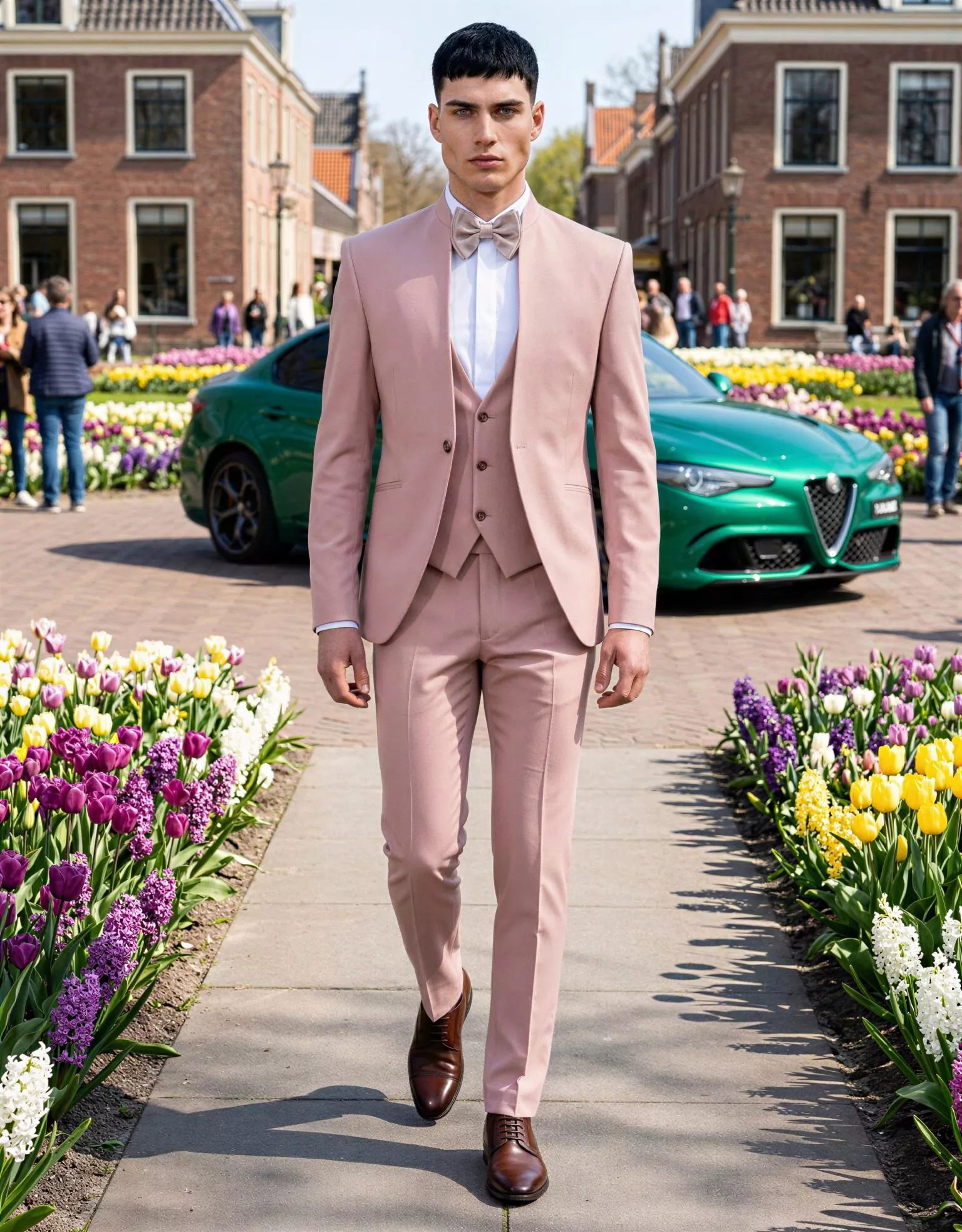Traje de novio Yavuz, pose frontal detalle, color verde rosa pastel, cuello mao, Atelier Masculini