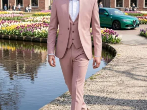 Traje de novio Yavuz, pose lateral, color verde rosa pastel, cuello mao, Atelier Masculini