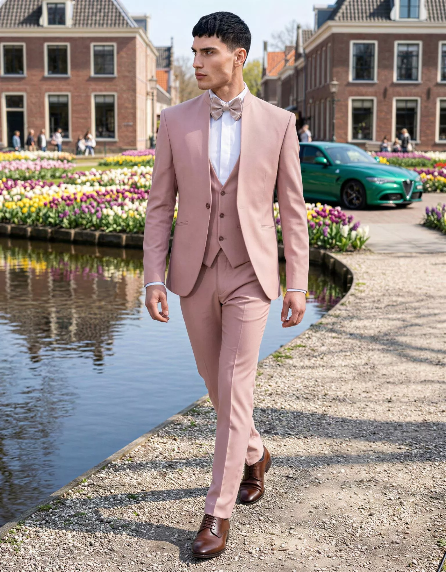 Traje de novio Yavuz, pose lateral, color verde rosa pastel, cuello mao, Atelier Masculini