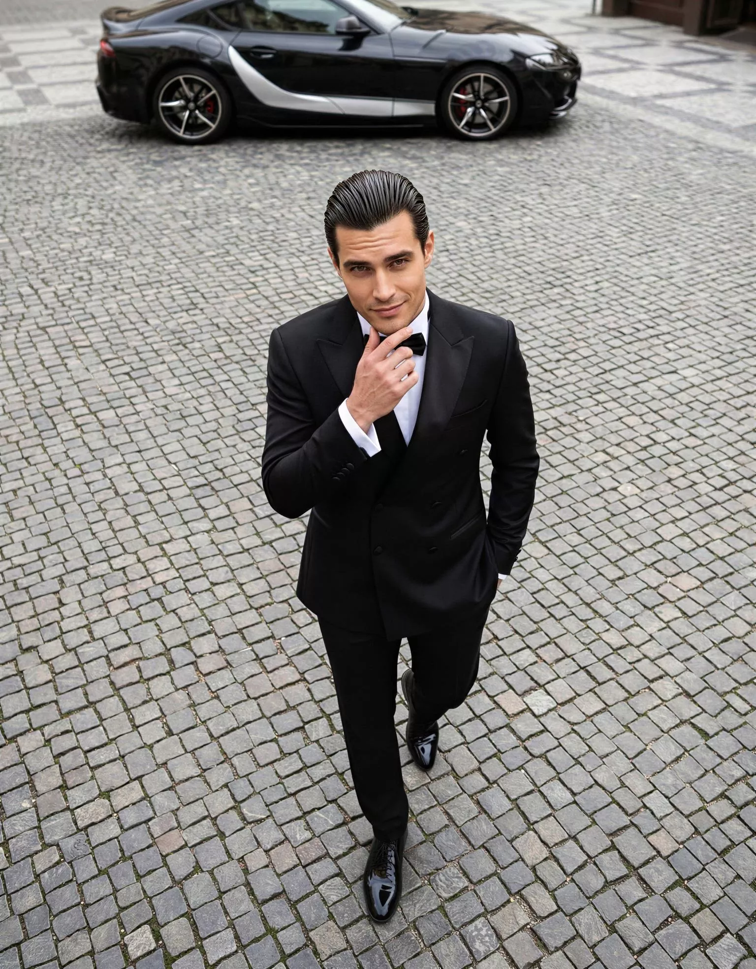 Traje de novio Yoichi, pose cenital, color negro, esmoquin cruzado, Atelier Masculini