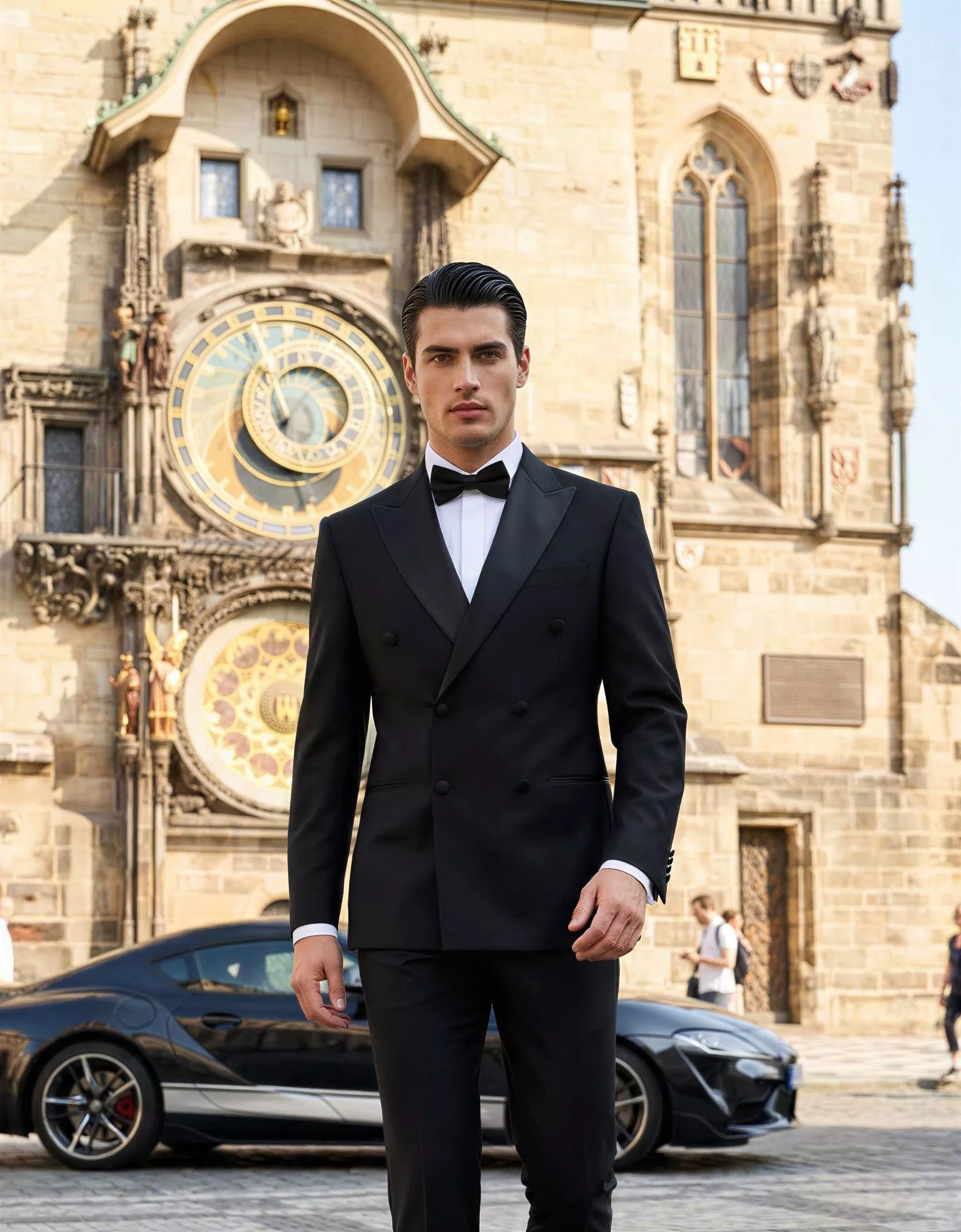 Traje de novio Yoichi, pose frontal, color negro, esmoquin cruzado, Atelier Masculini