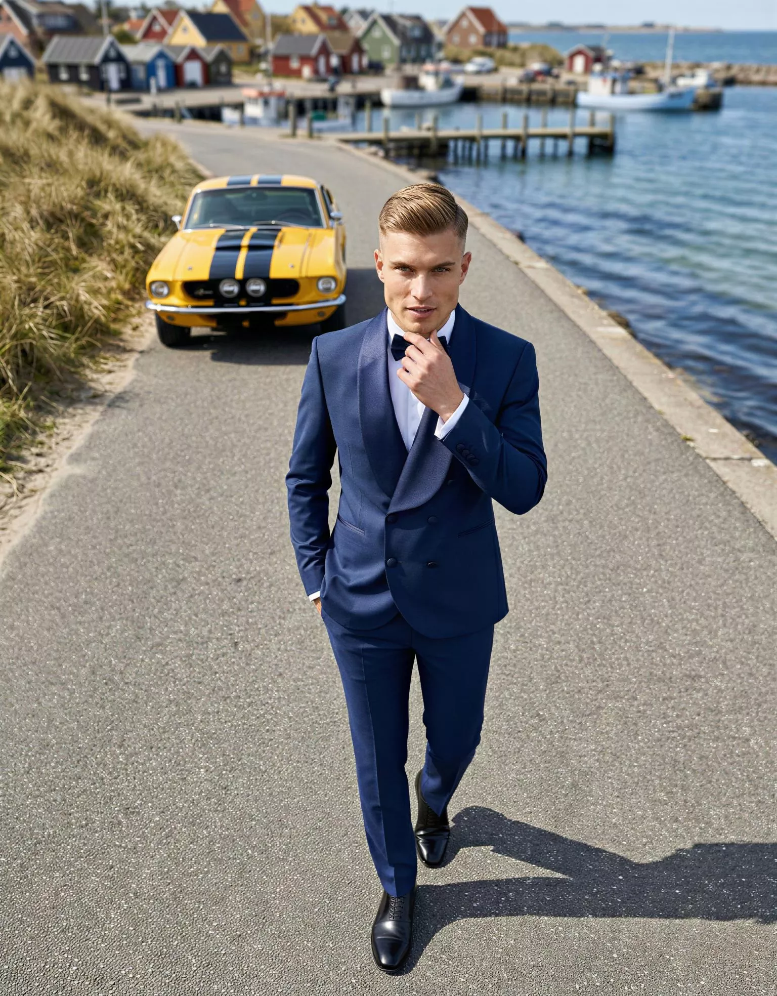 Traje de novio Yotei, pose cenital, color azul marino profundo, esmoquin de ceremonia, Atelier Masculini