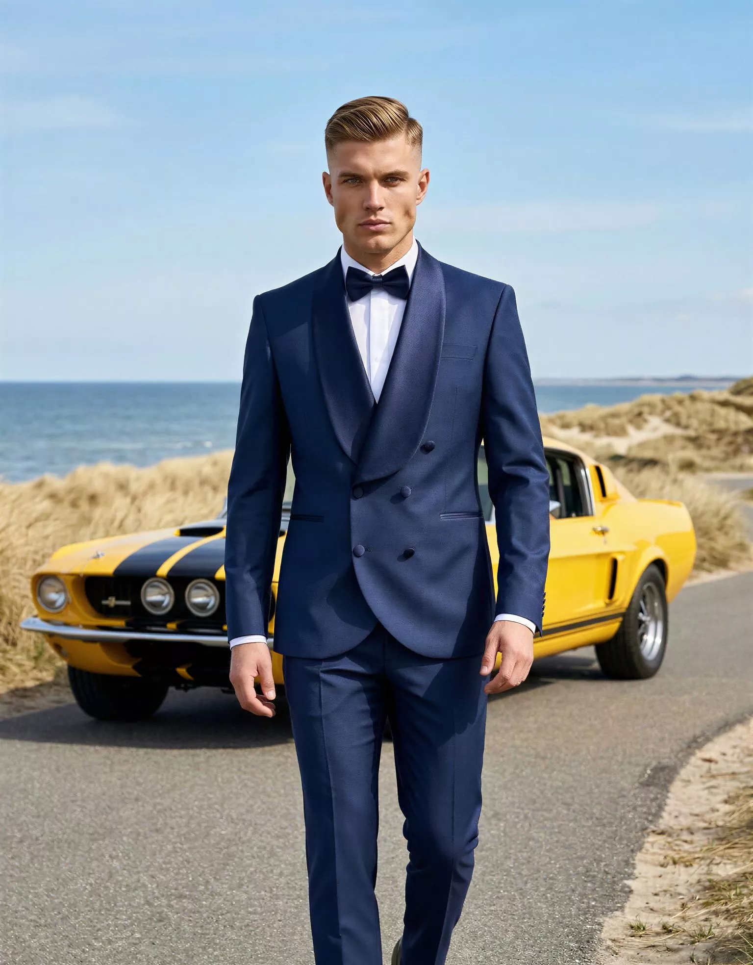 Traje de novio Yotei, pose frontal detalle, color azul marino profundo, esmoquin de ceremonia, Atelier Masculini