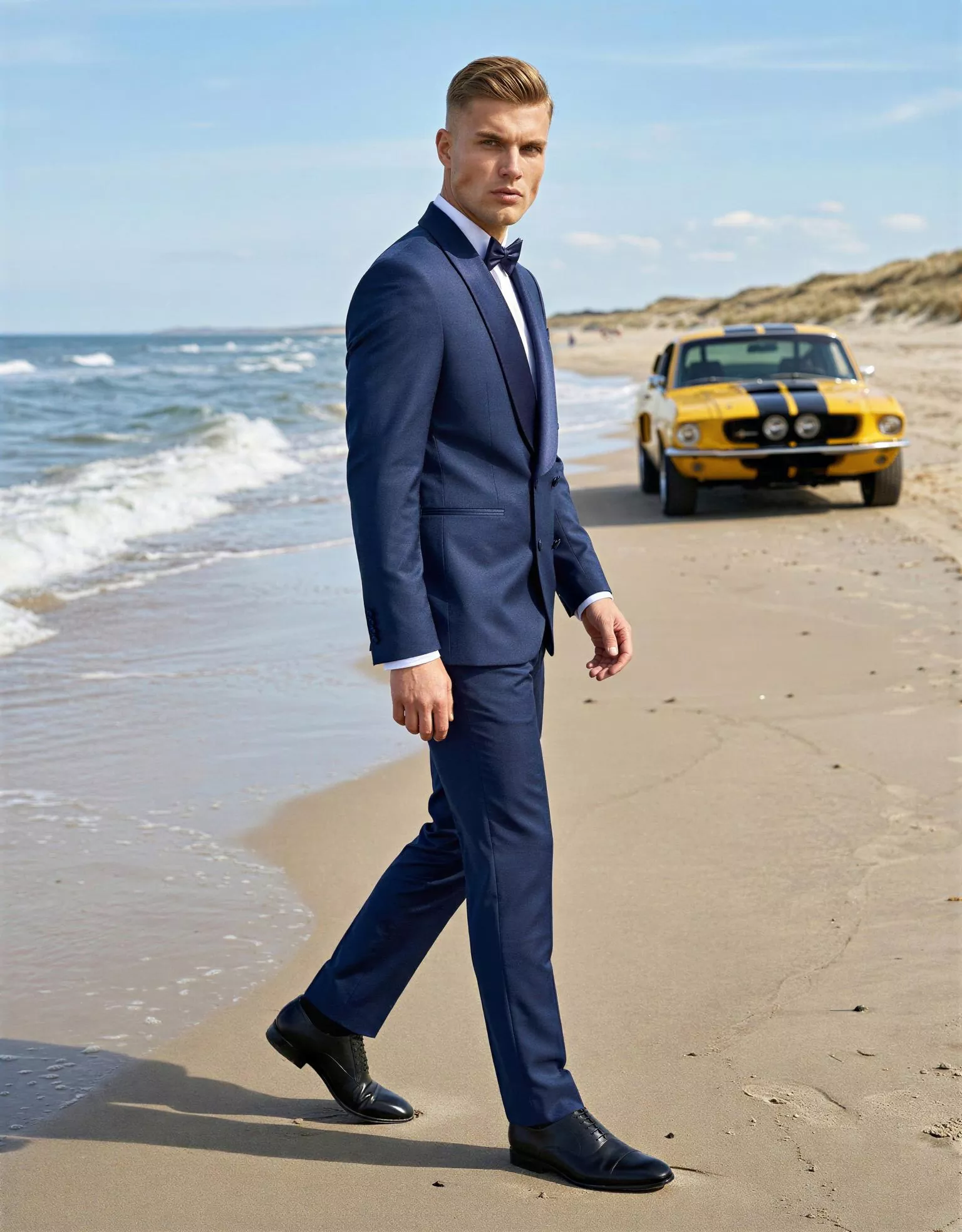 Traje de novio Yotei, pose lateral, color azul marino profundo, esmoquin de ceremonia, Atelier Masculini