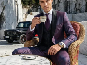 Traje de novio Zephyr, pose café, color púrpura, esmoquin, Atelier Masculini