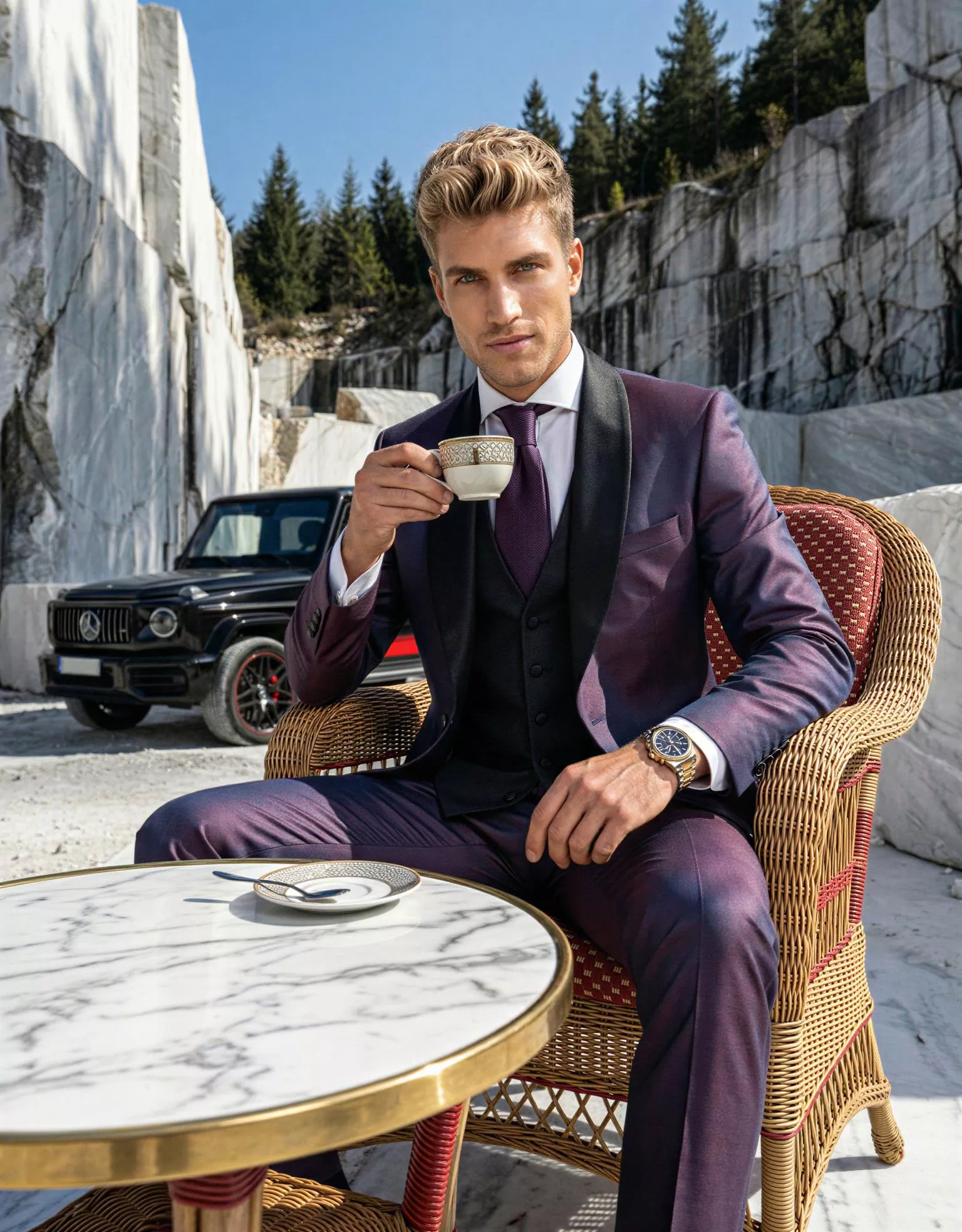 Traje de novio Zephyr, pose café, color púrpura, esmoquin, Atelier Masculini