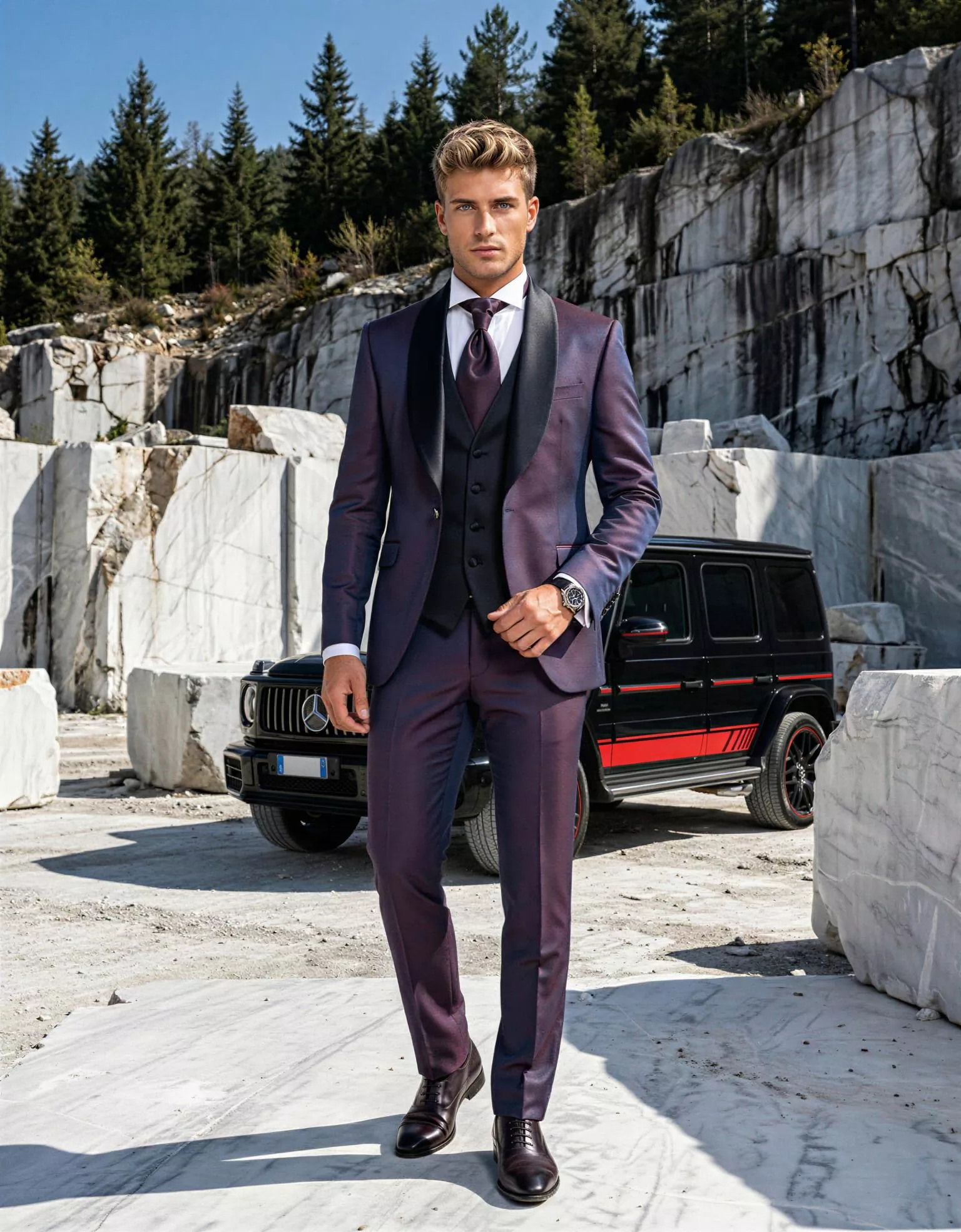 Traje de novio Zephyr, pose frontal, color púrpura, esmoquin, Atelier Masculini