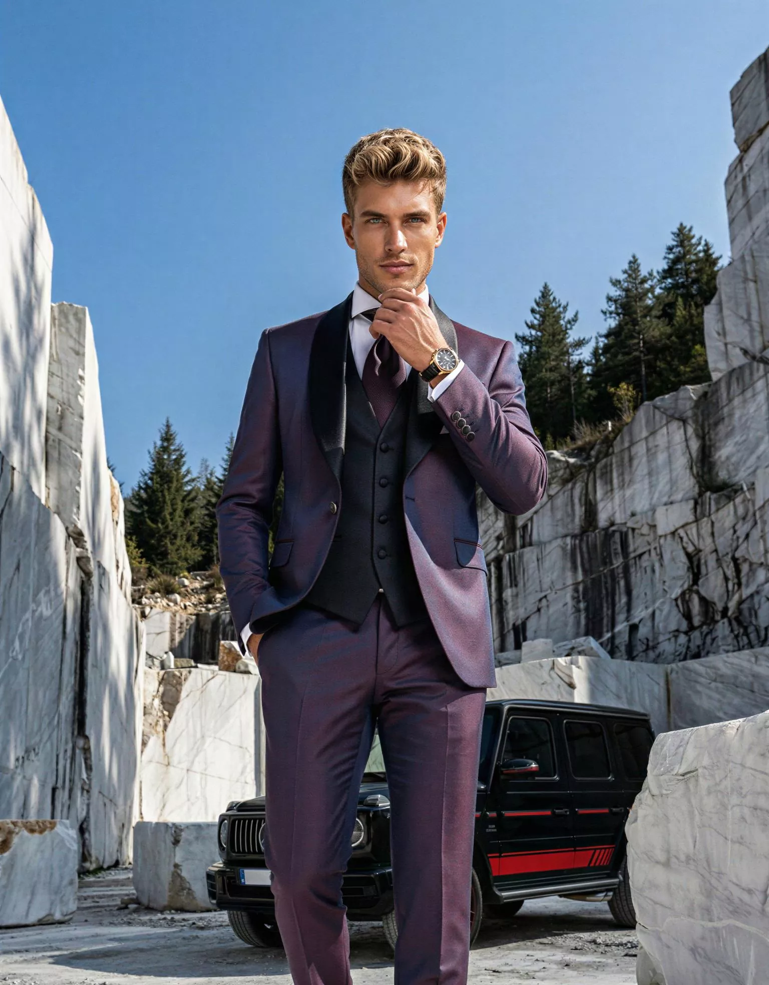 Traje de novio Zephyr, pose frontal detalle, color púrpura, esmoquin, Atelier Masculini