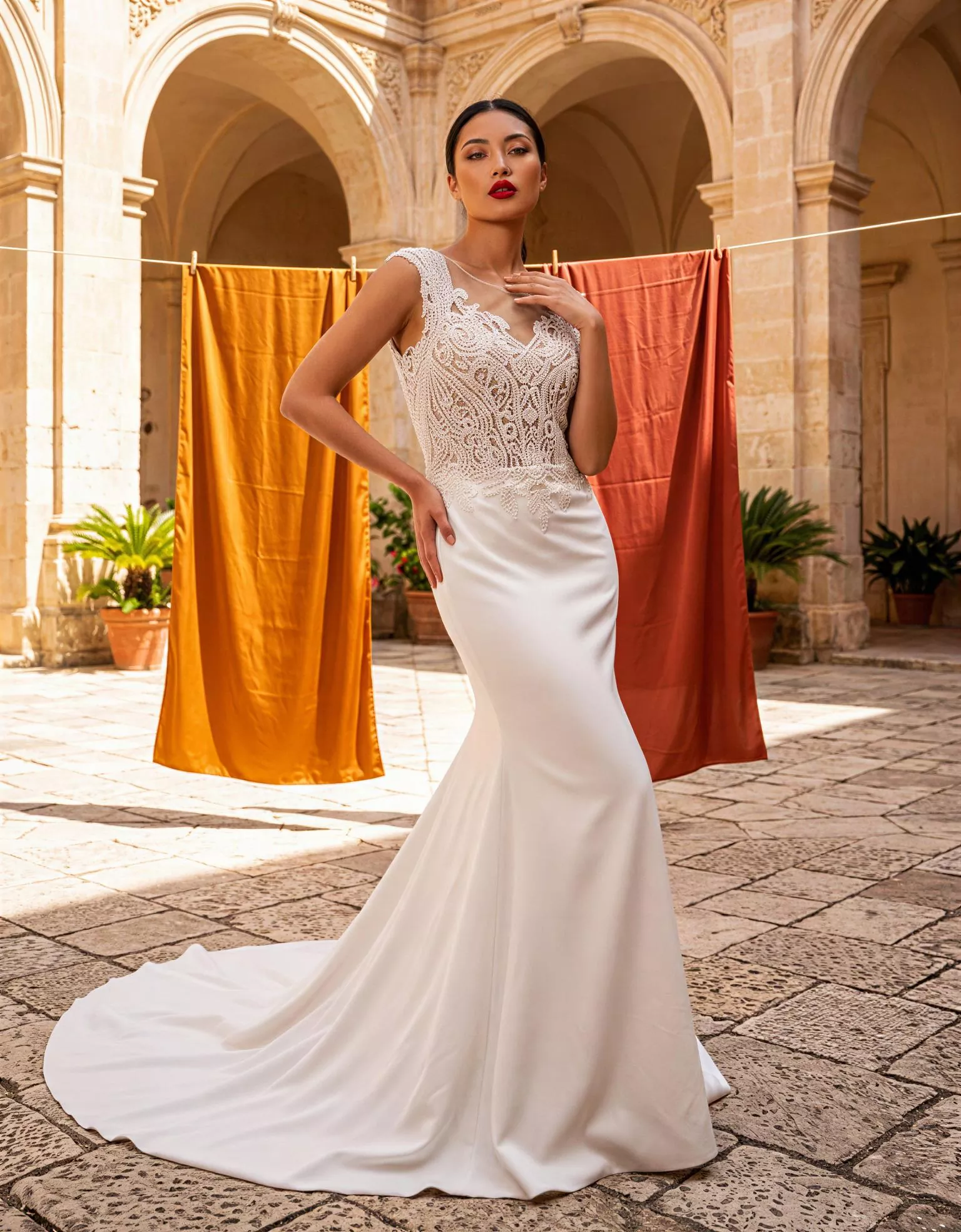 Vestido de novia Amary, pose frontal, corte sirena, encaje con pedrería, espalda abierta ilusión, Atelier Couture