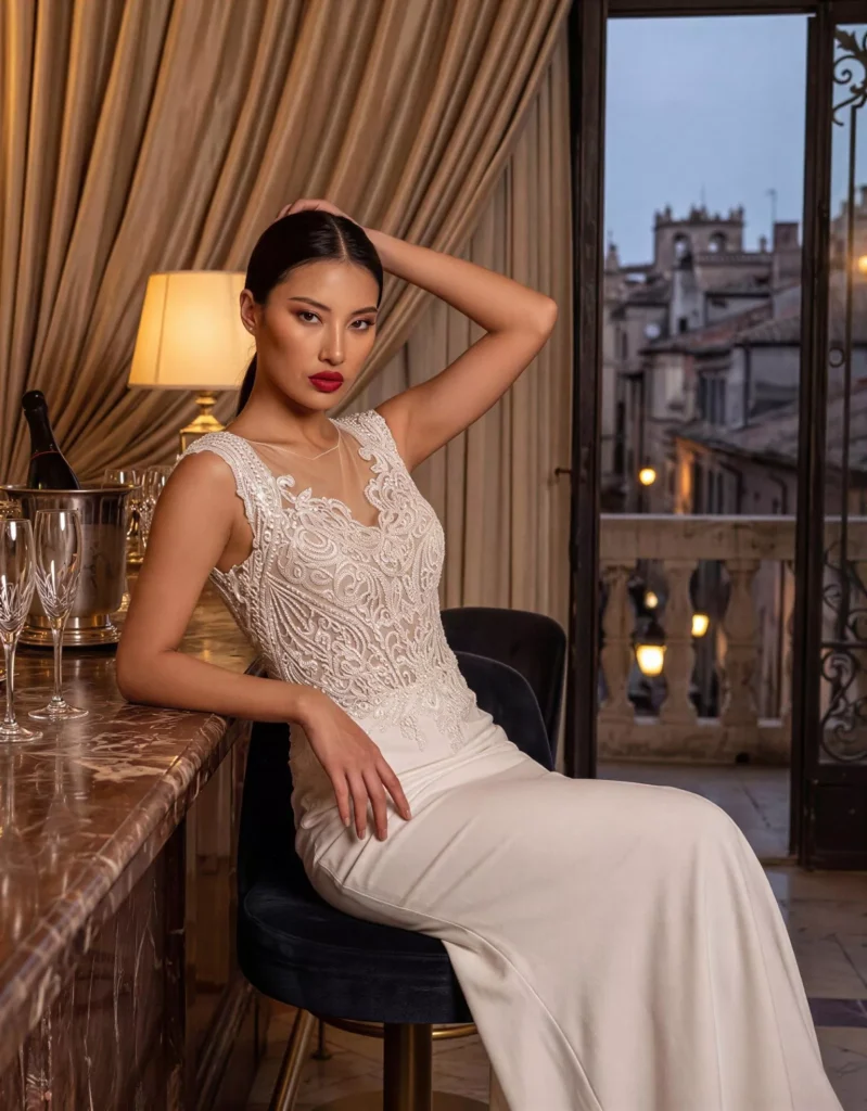 Vestido de novia Amary, pose sentada, corte sirena, encaje con pedrería, espalda abierta ilusión, Atelier Couture