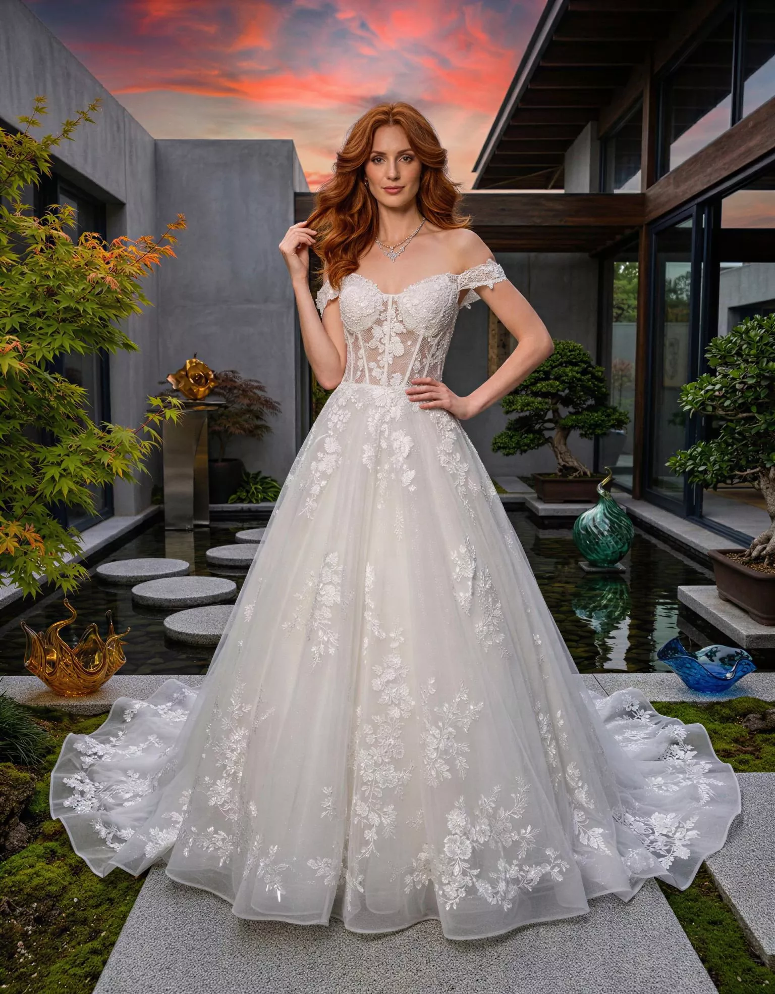 Vestido de novia Jubilee, pose frontal, corte A, escote corazon, espalda recta, tul con torso de encaje Atelier Boheme