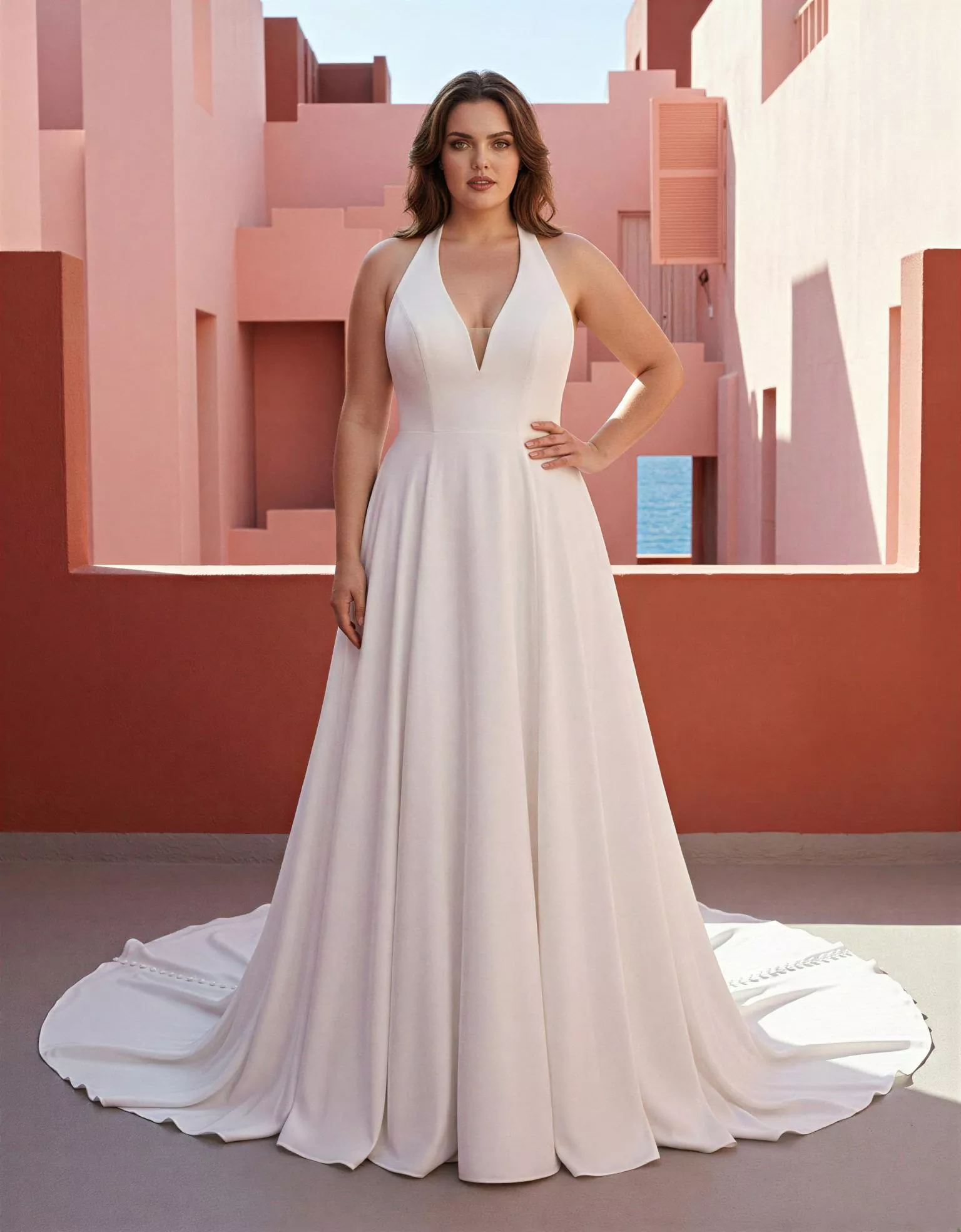 Vestido de novia Yerisia pose frontal general, escote V, espalda abierta, corte A,crepé, Atelier Madonna