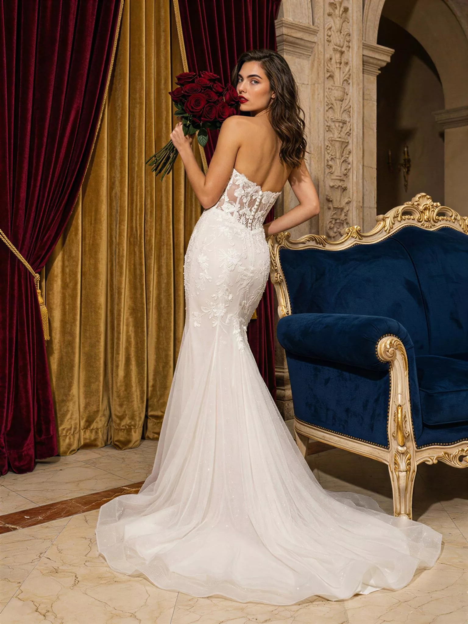 Vestido de novia Zephyrai, pose espalda , corte sirena, escote corazón, encaje floral, Atelier